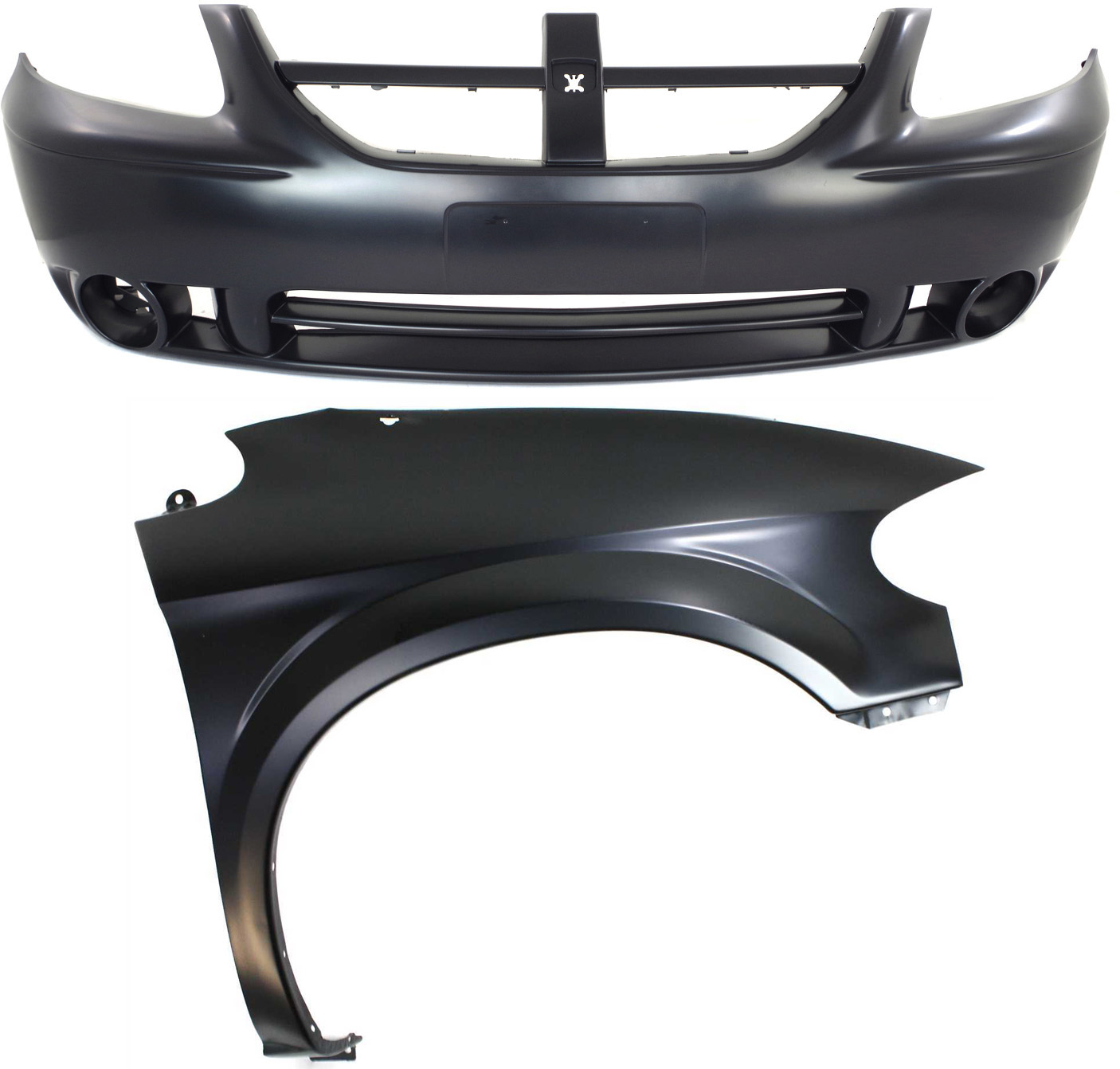 AM CARAVAN 05-07 FRONT BUMPER COVER 2 pc Kit with Fender SKU KIT 121717-85 Partslink CH1000430 CH1241228 OEM 5139118AA 5018442AB