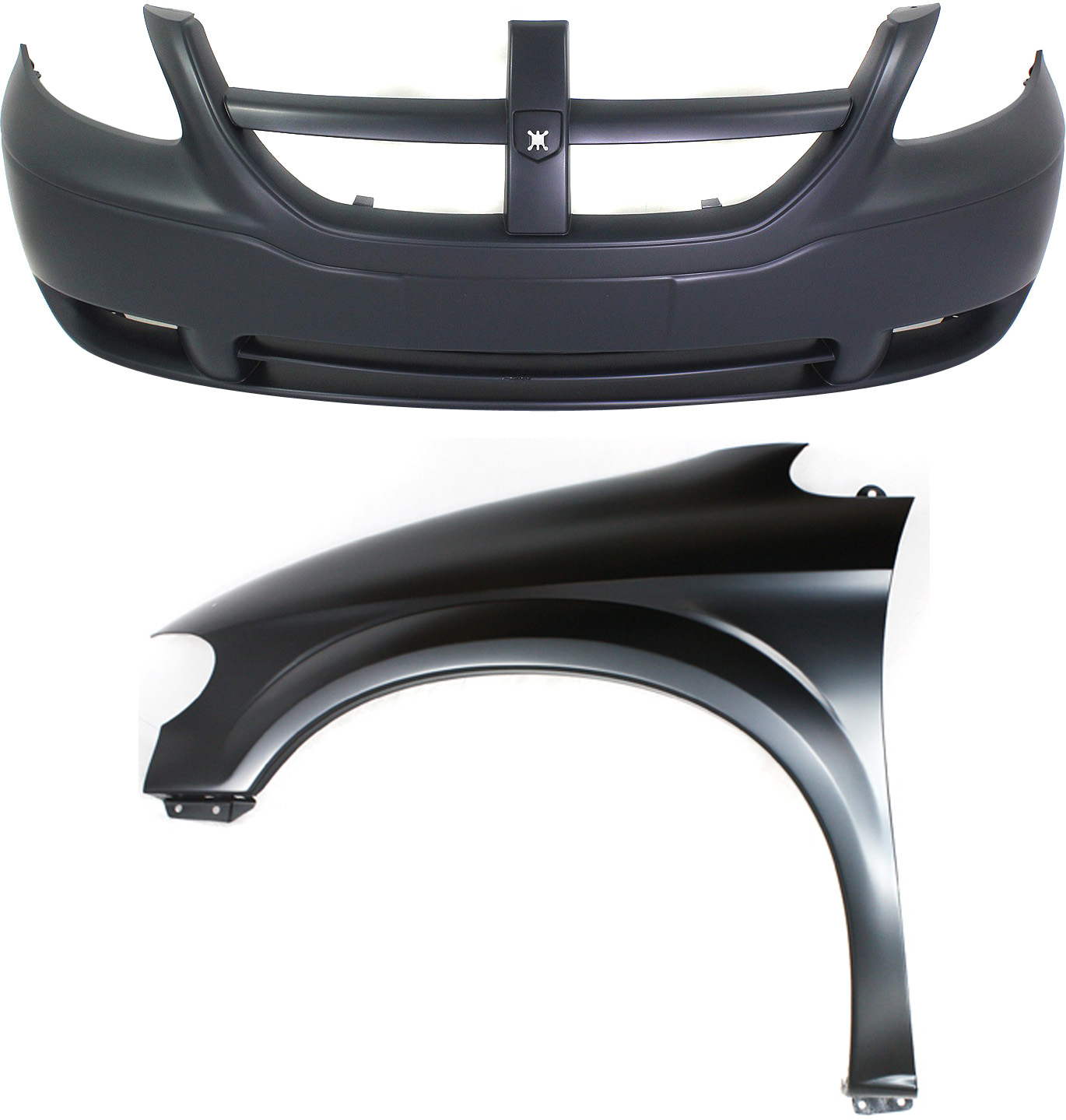 AM CARAVAN 05-07 FRONT BUMPER COVER 2 pc Kit with Fender SKU KIT 121717-86 Partslink CH1000431 CH1240228 OEM 5139117AA 5018443AB