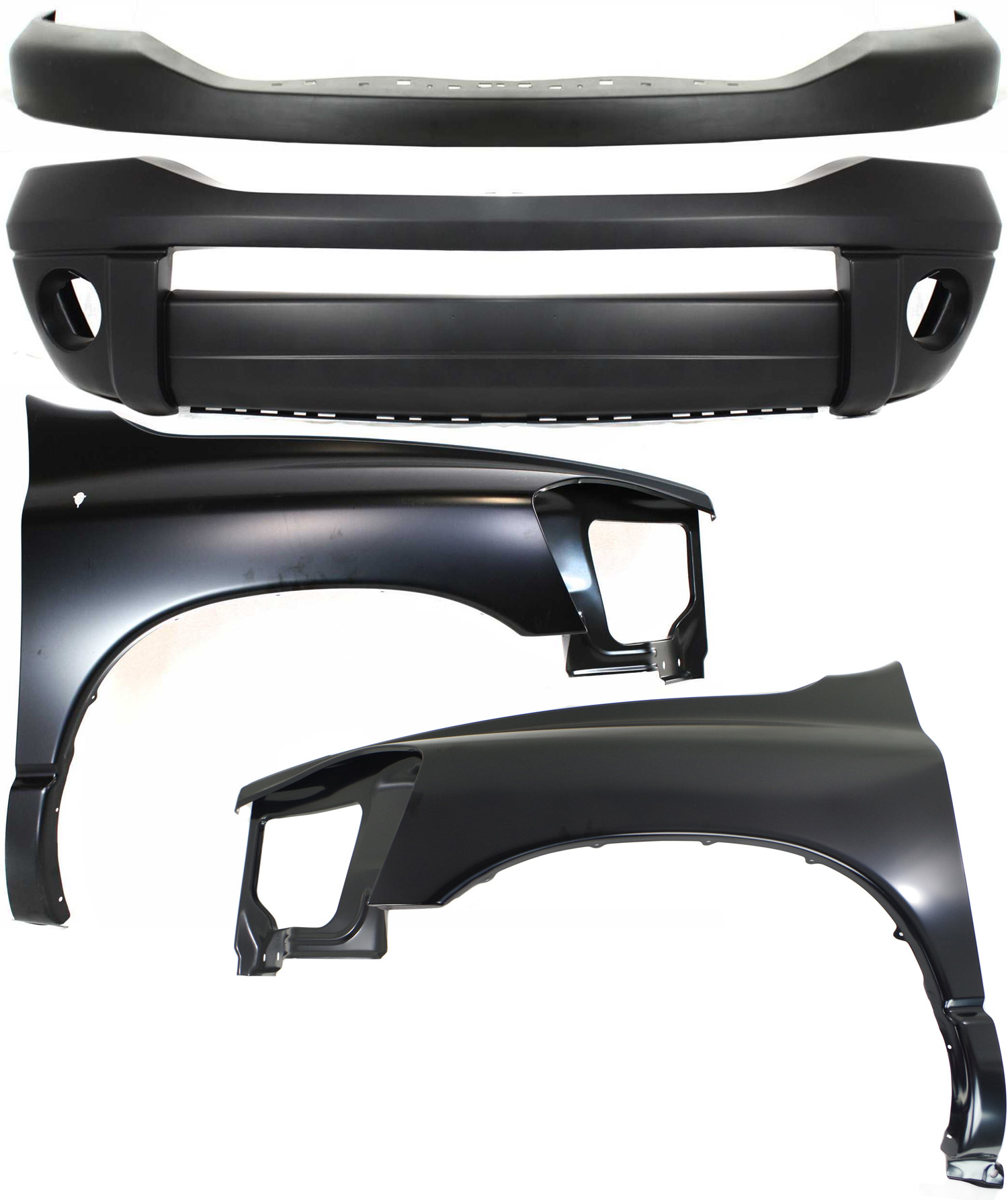 AM DODGE FULL SIZE P U 06-09 FRONT BUMPER COVER 4 pc Kit with Fender RH and LH SKU KIT 121717-96 Partslink CH1000873 CH1000880 CH1241255 CH1240255 OEM 68001349AA 55077762AA 55276986