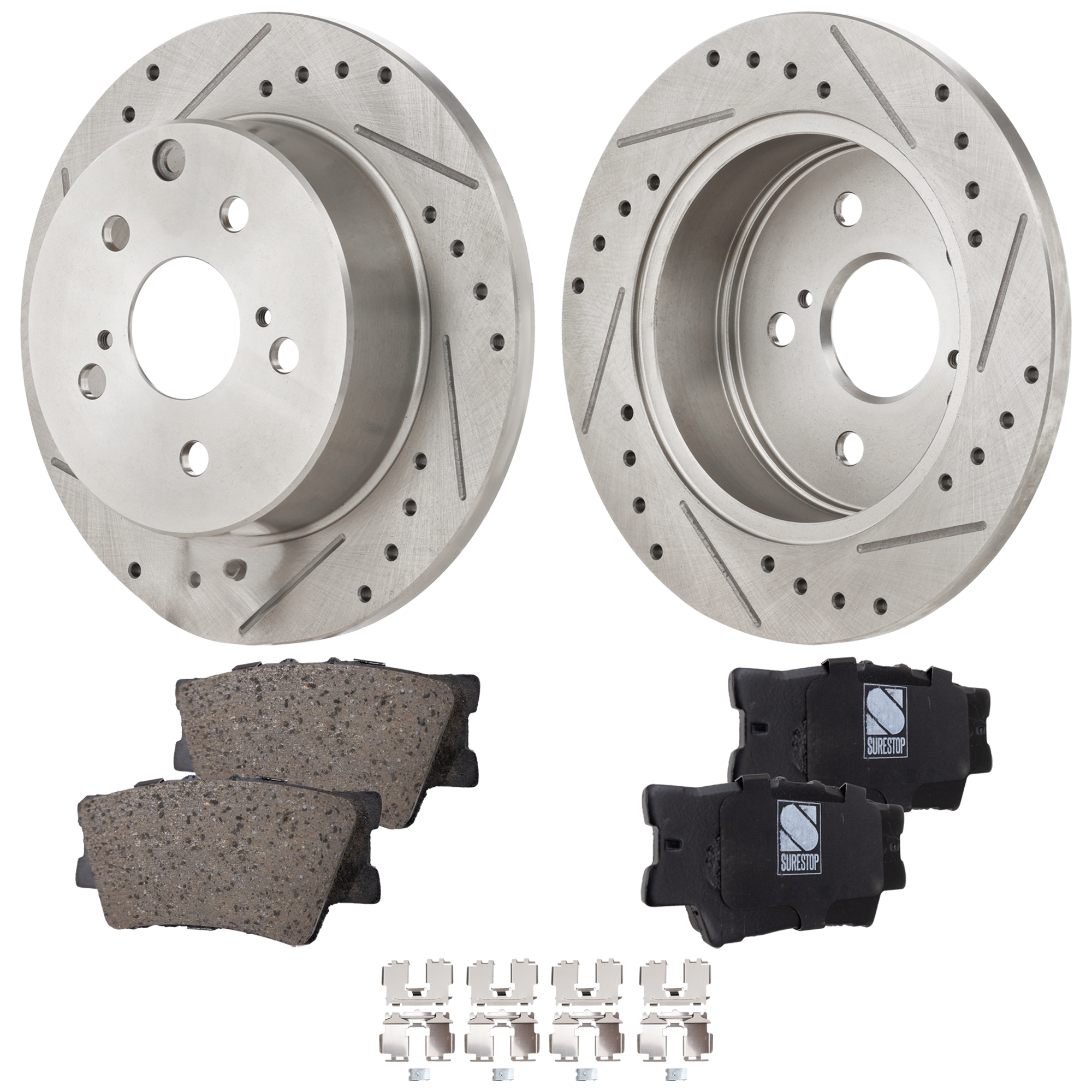 AM RAV4-06-18 HS250H 10-10 REAR BRAKE DISC AND PAD KIT 4 pc kit Cross drilled and Slotted SKU KIT 122022-02 OEM 31443-44657-60407-0833294-9003