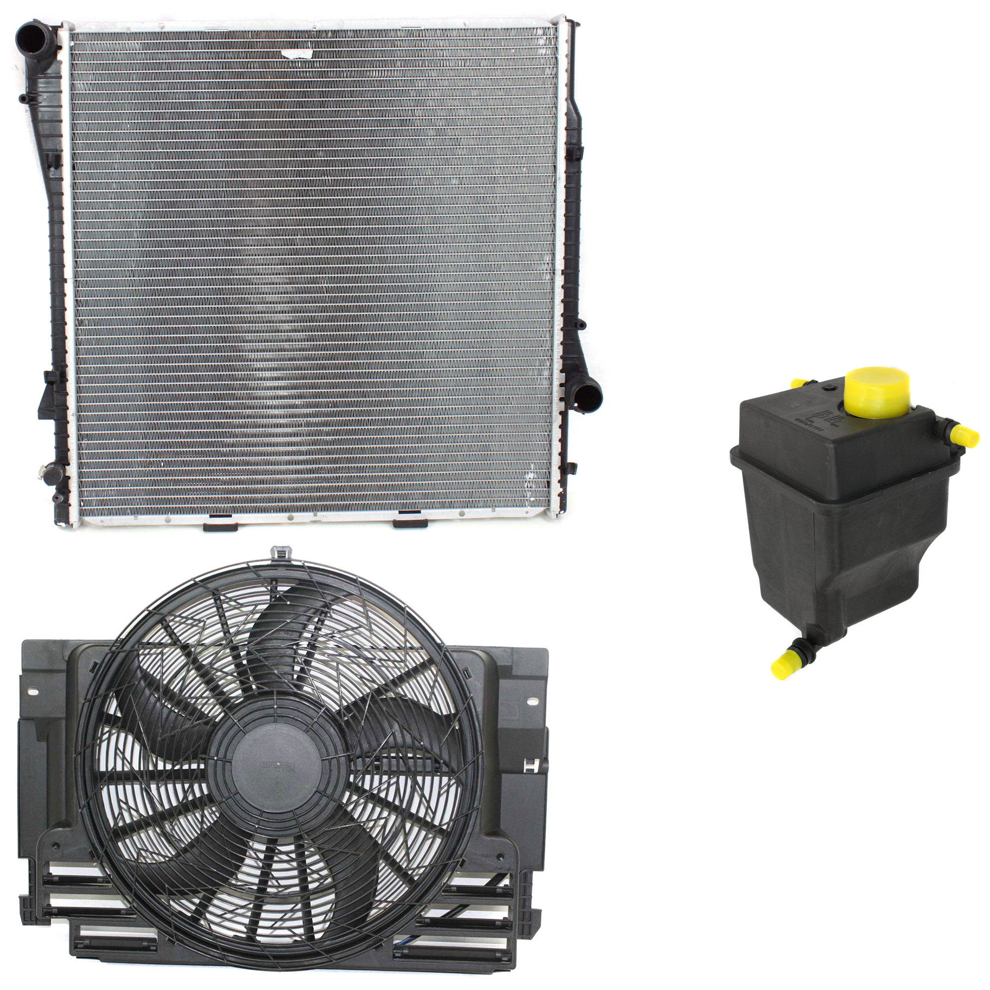 AM X5-04-06 COOLING FAN ASSEMBLY 3 pc kit with Coolant Reservoir and Radiator SKU KIT 122022-05 Partslink BM3020102 BM3010121 OEM 64546921381 PCF000033-17101439
