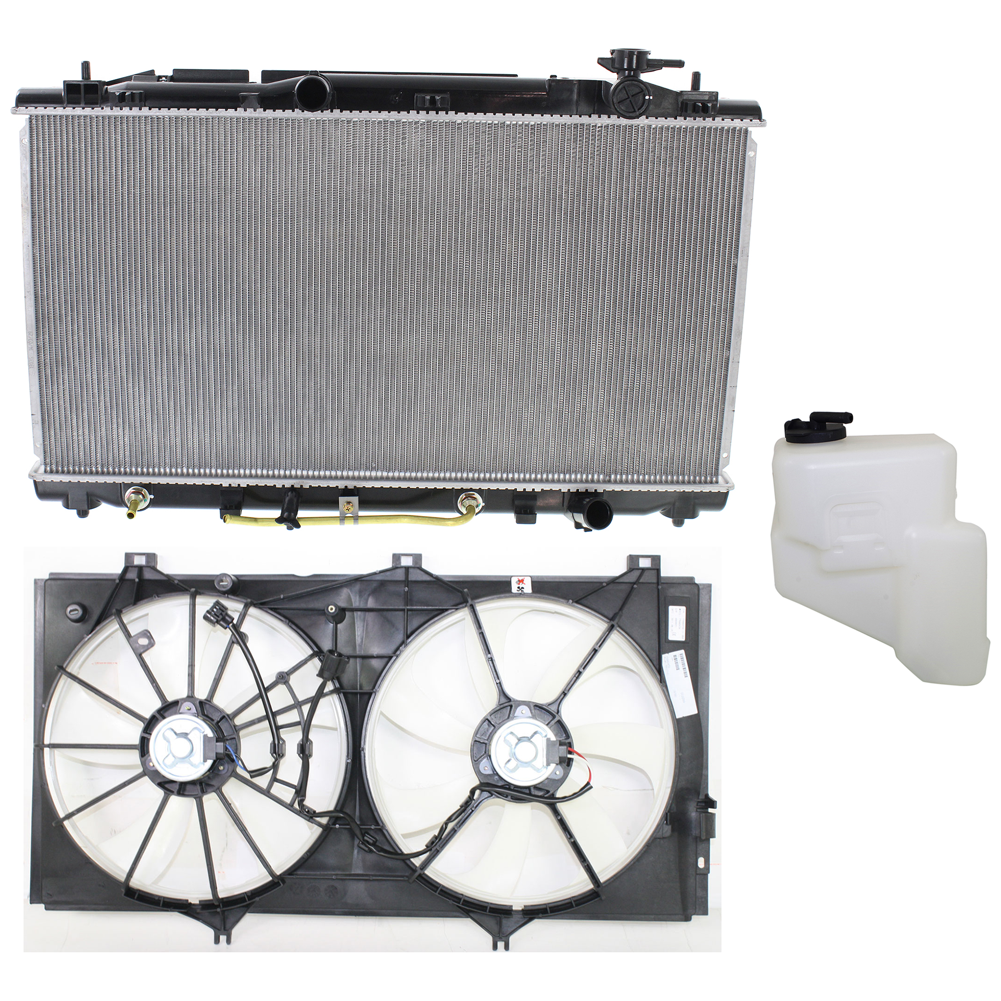 AM CAMRY 07-10 ES350-07-11 COOLING FAN ASSEMBLY 3 pc kit with Coolant Reservoir and Radiator SKU KIT 122022-06 Partslink TO3117101 TO3014120 TO3010318 OEM 16711AD010 PFM 164700P020-1640