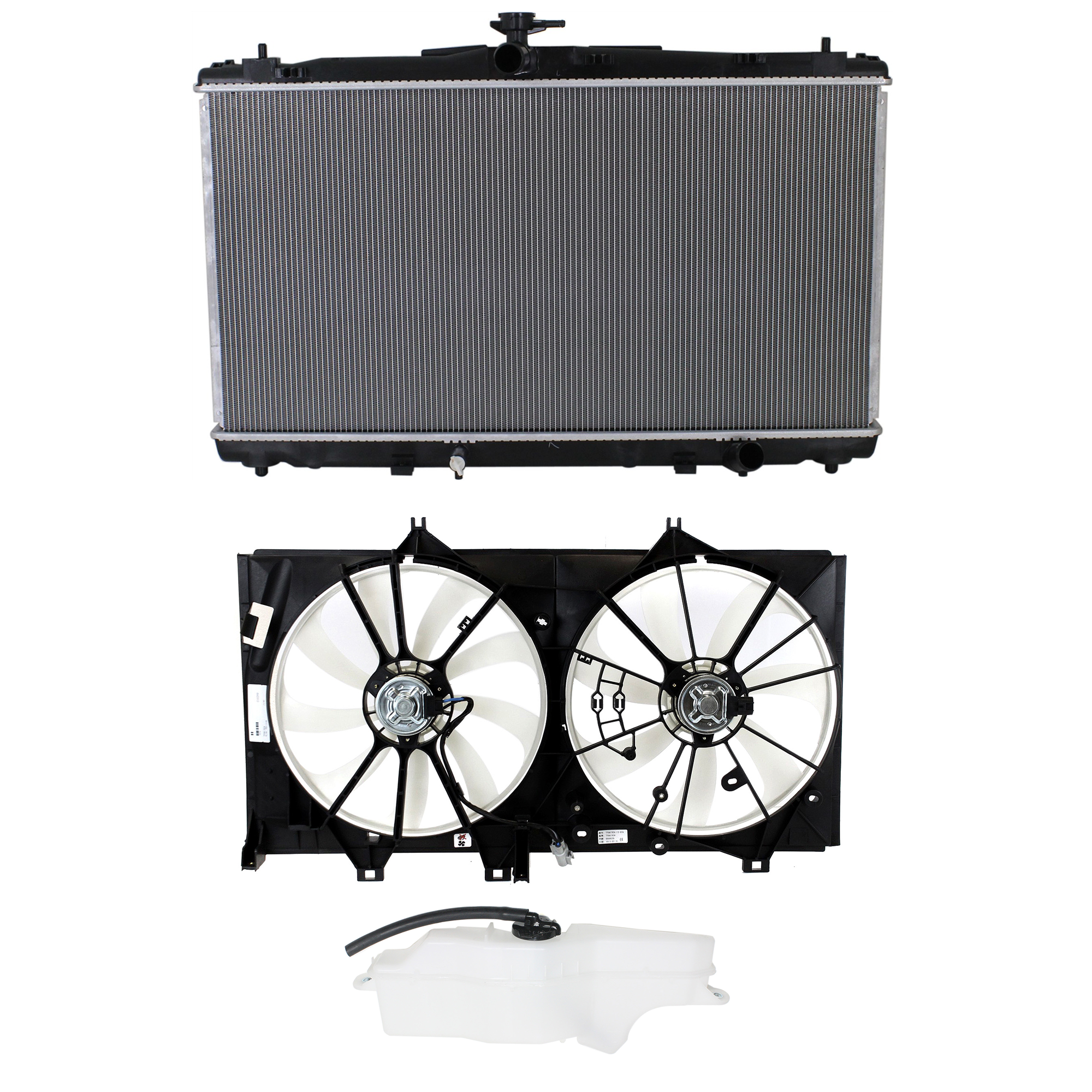 AM CAMRY 12-17 COOLING FAN ASSEMBLY Dual fan 3 pc kit w Radiator and Coolant Reservoir SKU KIT 122022-07 Partslink TO3010338 TO3010339 TO3014135 TO3115169 OEM 164000V110-164000P350-164700V0