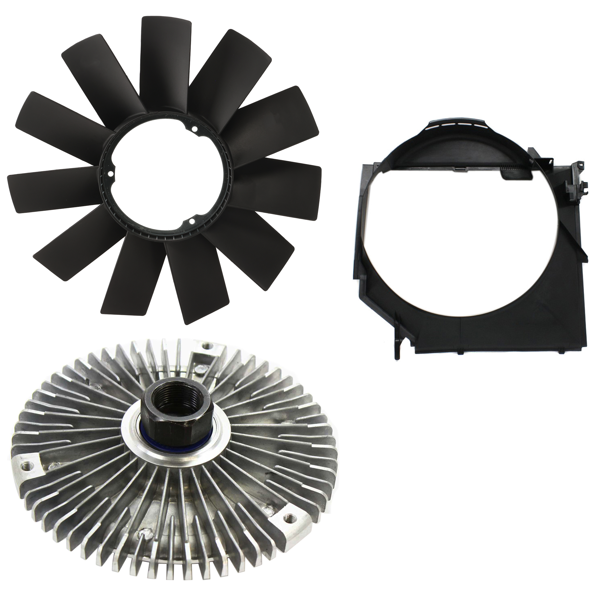 AM 3 SERIES 00-06 RADIATOR FAN BLADE 420 MM 3 pc kit with Fan Blade and Fan Shroud SKU KIT 122024 C08 Partslink BM3112100 OEM 11527505302-11521712058-171114