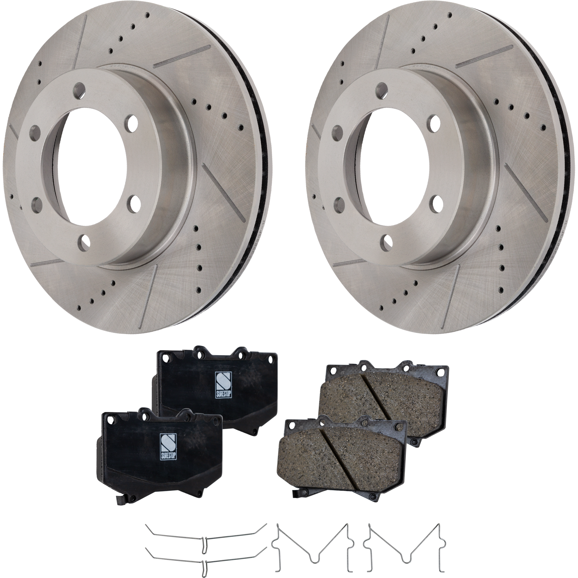 AM TUNDRA 00-03 SEQUOIA 01-02 FRONT BRAKE DISC AND PAD KIT 2 Wheel Set Cross drilled and Slotted SKU KIT 122024 C105 OEM 19694-31267-96931-107524-14529