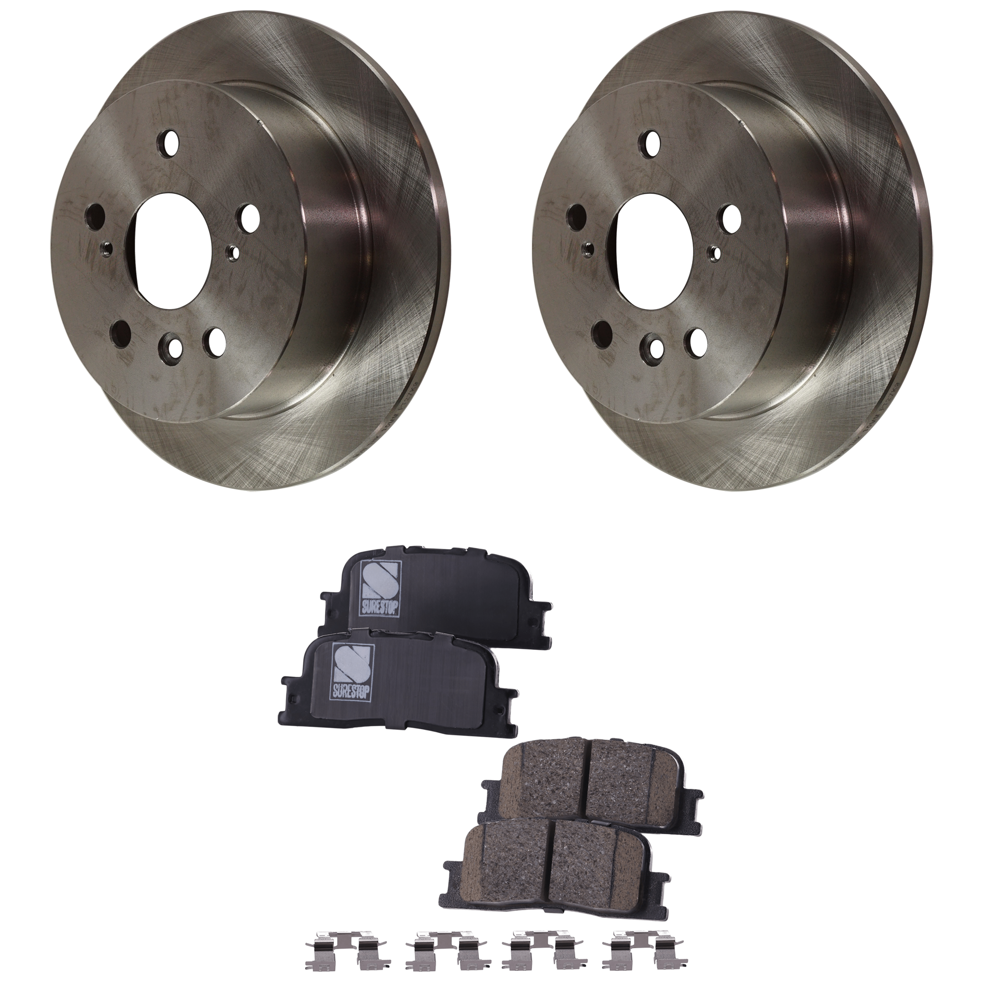 AM CAMRY 02-06 ES330-04-06 REAR BRAKE DISC AND PAD kit 4 pc kit Plain Surface Solid 5 Lugs SKU KIT 122024 C123 OEM 4243133100-4243106050-42431060