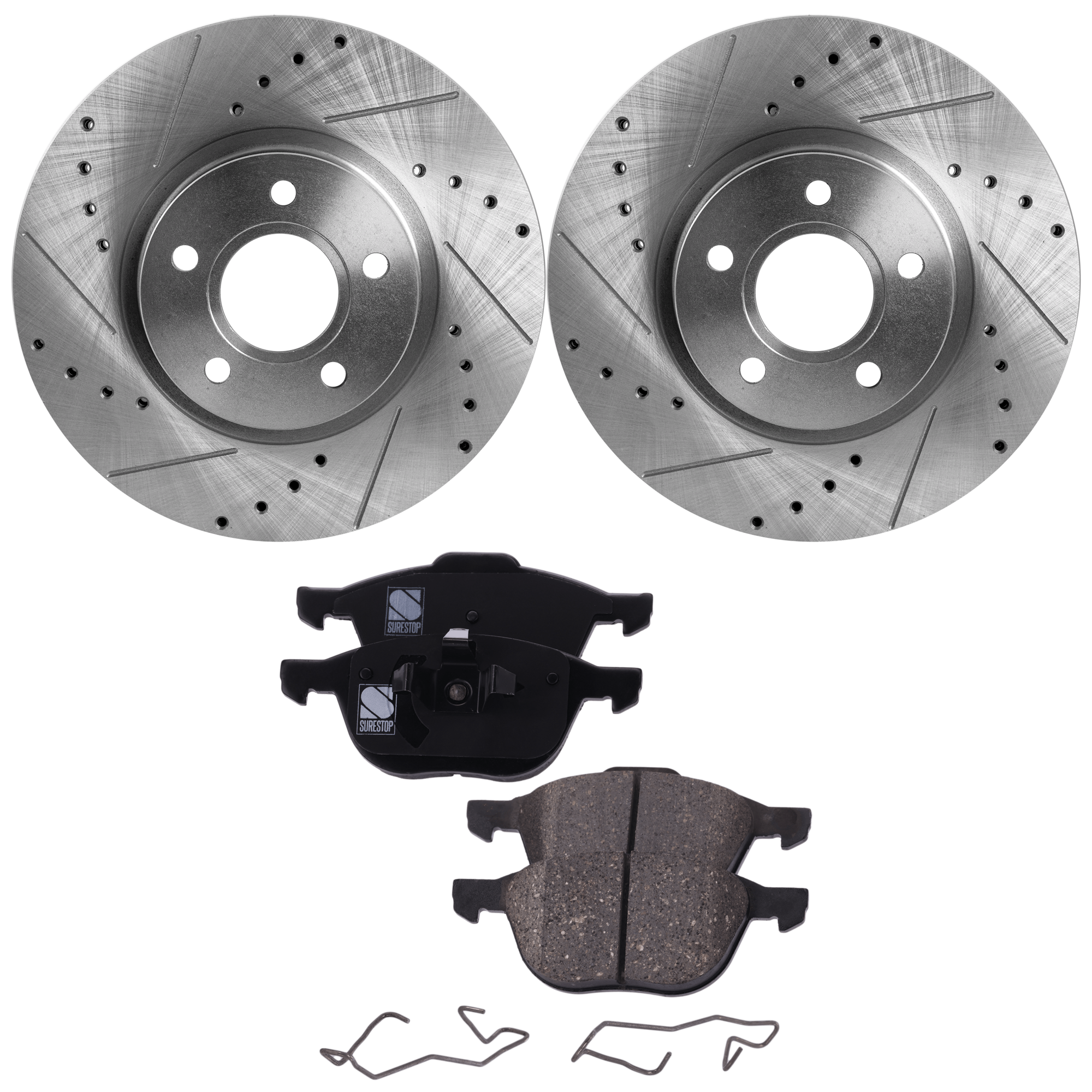 AM S40-04-11 ESCAPE 17-19 FRONT BRAKE DISC AND PAD kit 4 pc kit Cross drilled and Slotted SKU KIT 122024 C178 OEM 34364-45438-45608-850028-90070