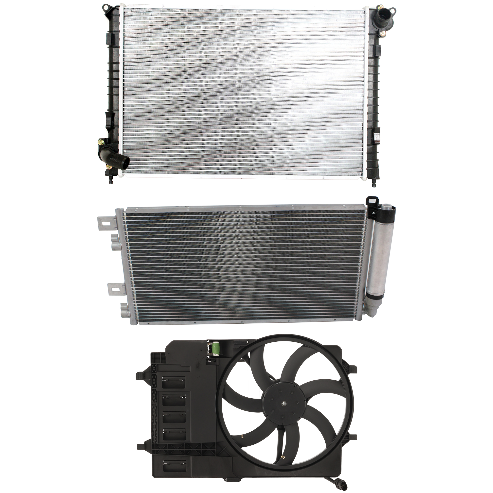 AM COOPER 03-08 RADIATOR 1.6L 4 Cyl Non turbo 3 pc kit with A C Condenser and Cooling Fan Assembly SKU KIT 122024 C18 Partslink MC3010101 MC3030101 MC3115102 OEM 17117570821-64531490572-171175