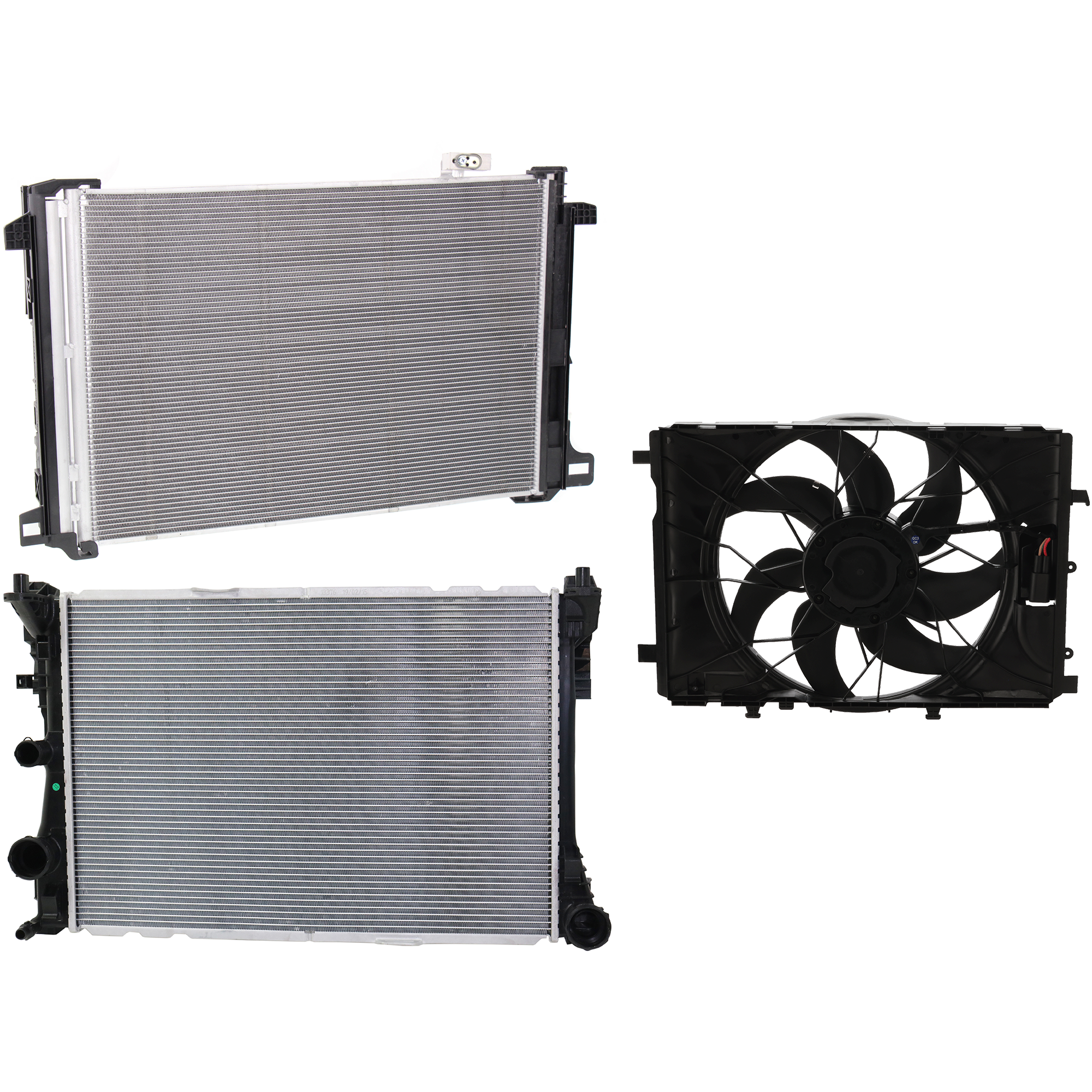 AM C250-12-15 SLK350-12-16 RADIATOR FAN ASSEMBLY 3 pc kit with A C Condenser and Radiator SKU KIT 122024 C19 Partslink MB3115122 MB3030151 MB3010170 OEM 2049066802-2045000654-09950062