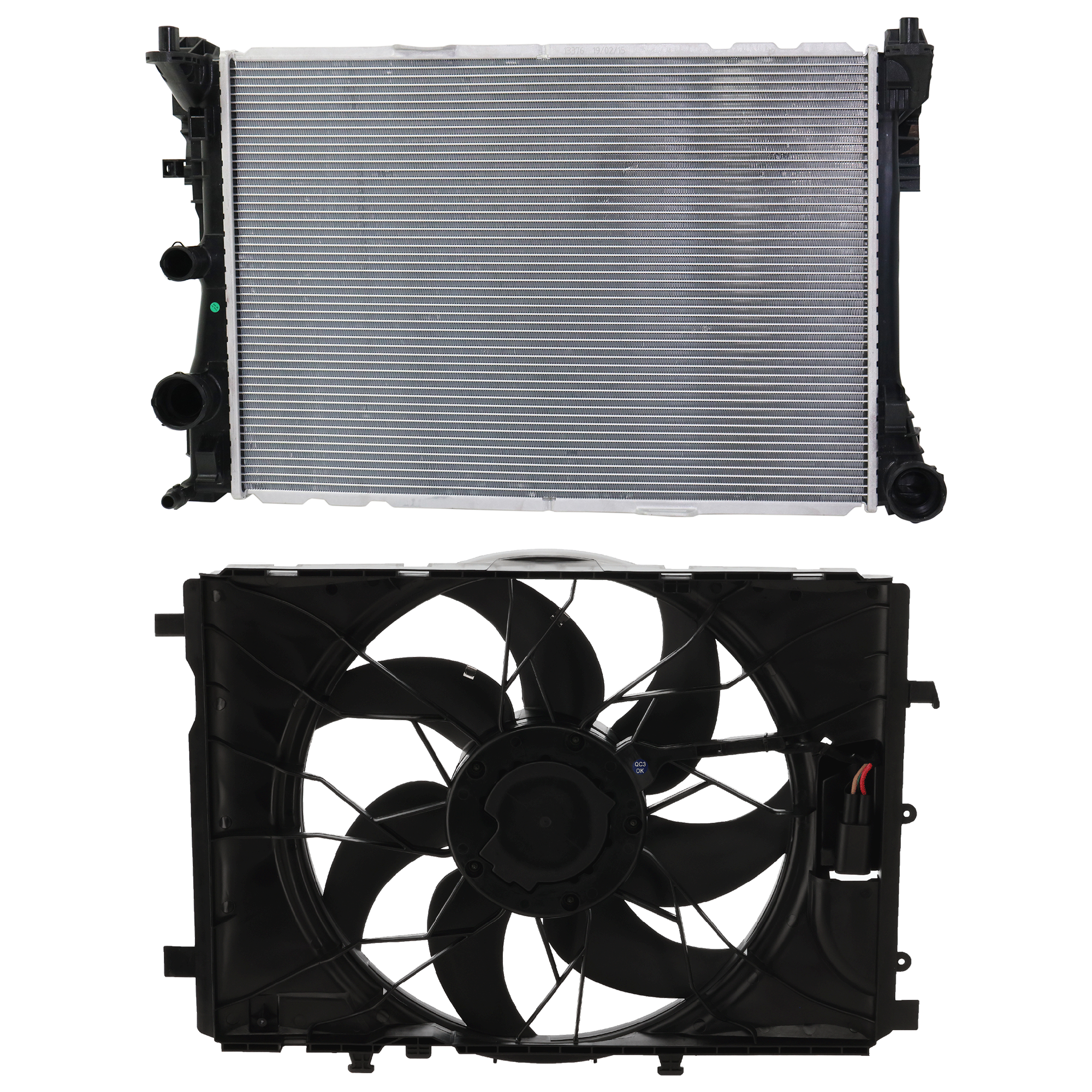 AM C250-12-15 SLK350-12-16 RADIATOR FAN ASSEMBLY 2 pc kit with Radiator SKU KIT 122024 C20 Partslink MB3115122 MB3010170 OEM 2049066802-0995006203