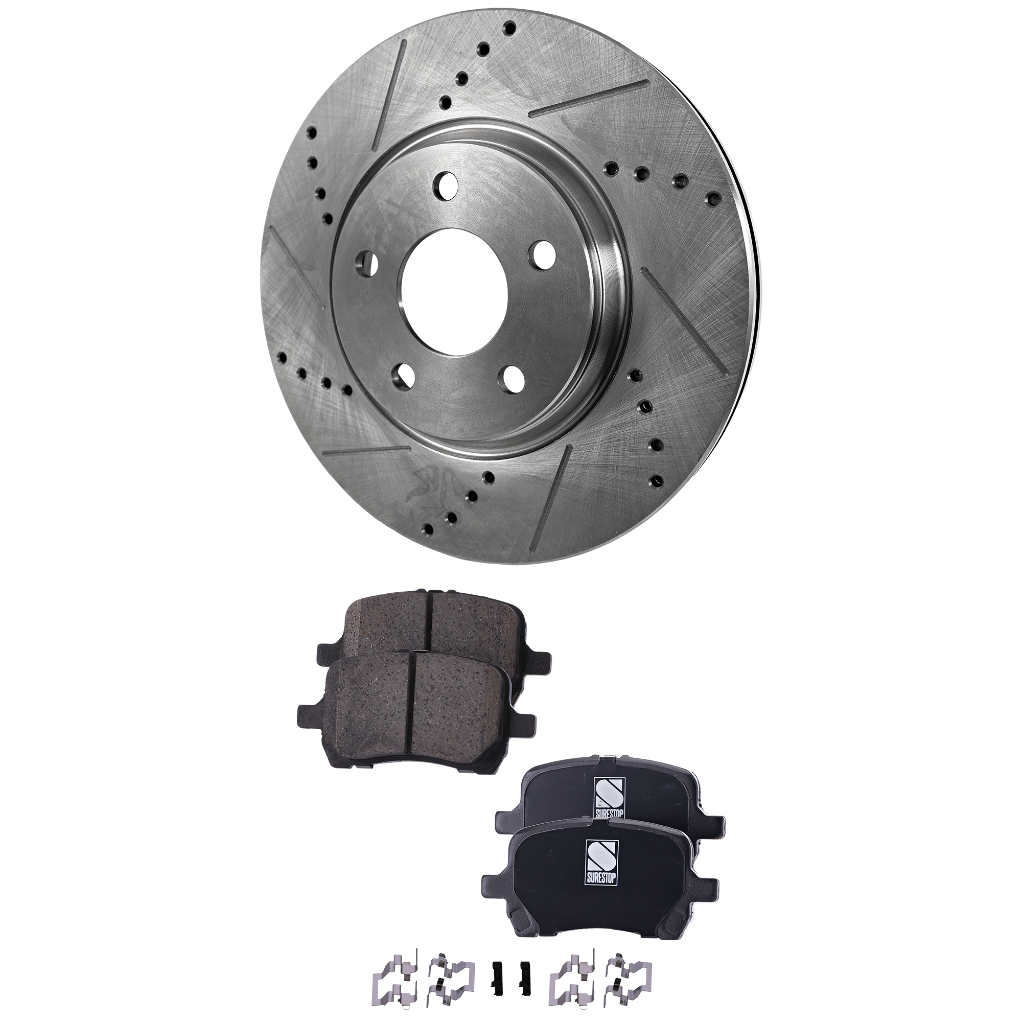 AM COBALT 08-08 MALIBU 09-12 FRONT BRAKE DISC AND PAD kit 4 pc kit Cross drilled and Slotted SKU KIT 122024 C245 OEM 55093-60366-145528-493455-5801