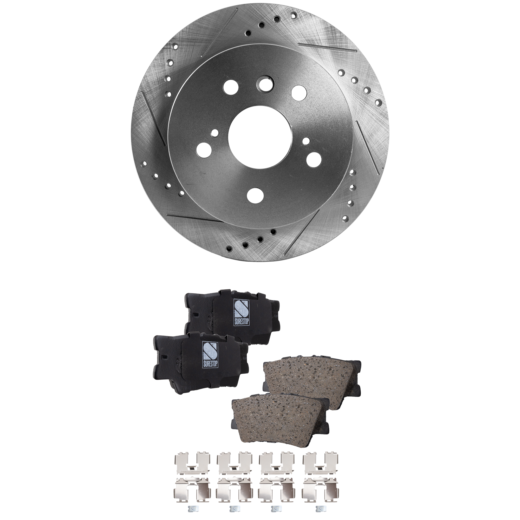 AM CAMRY 12-17 AVALON 13-18 REAR BRAKE DISC AND PAD KIT 2 Wheel Set Cross drilled and Slotted SKU KIT 122024 C246 OEM 0446602220-0446606060-04466060