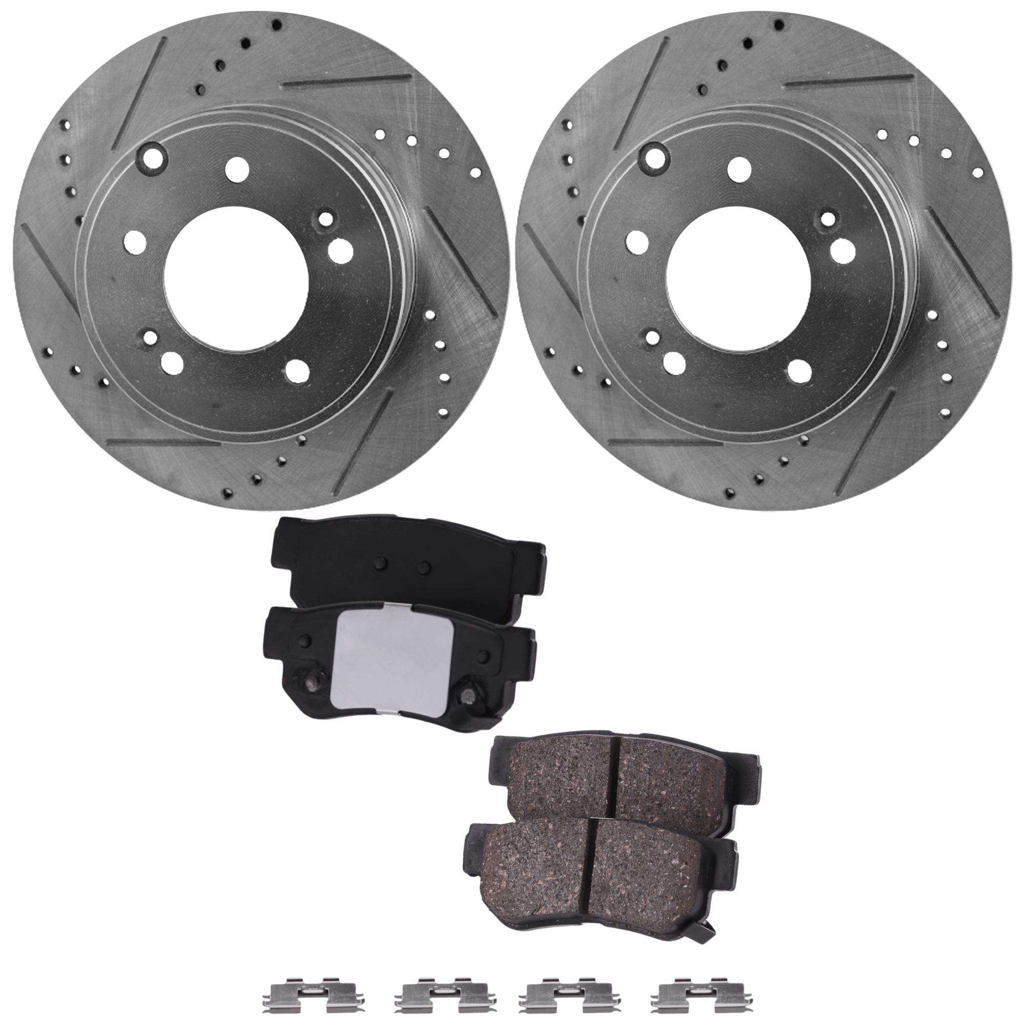 AM SONATA 06-08 AZERA 09-10 REAR BRAKE DISC AND PAD KIT 2 Wheel Set Cross drilled and Slotted Solid 5 Lugs SKU KIT 122024 C296 OEM 31424-31586-44625-0833180-9804