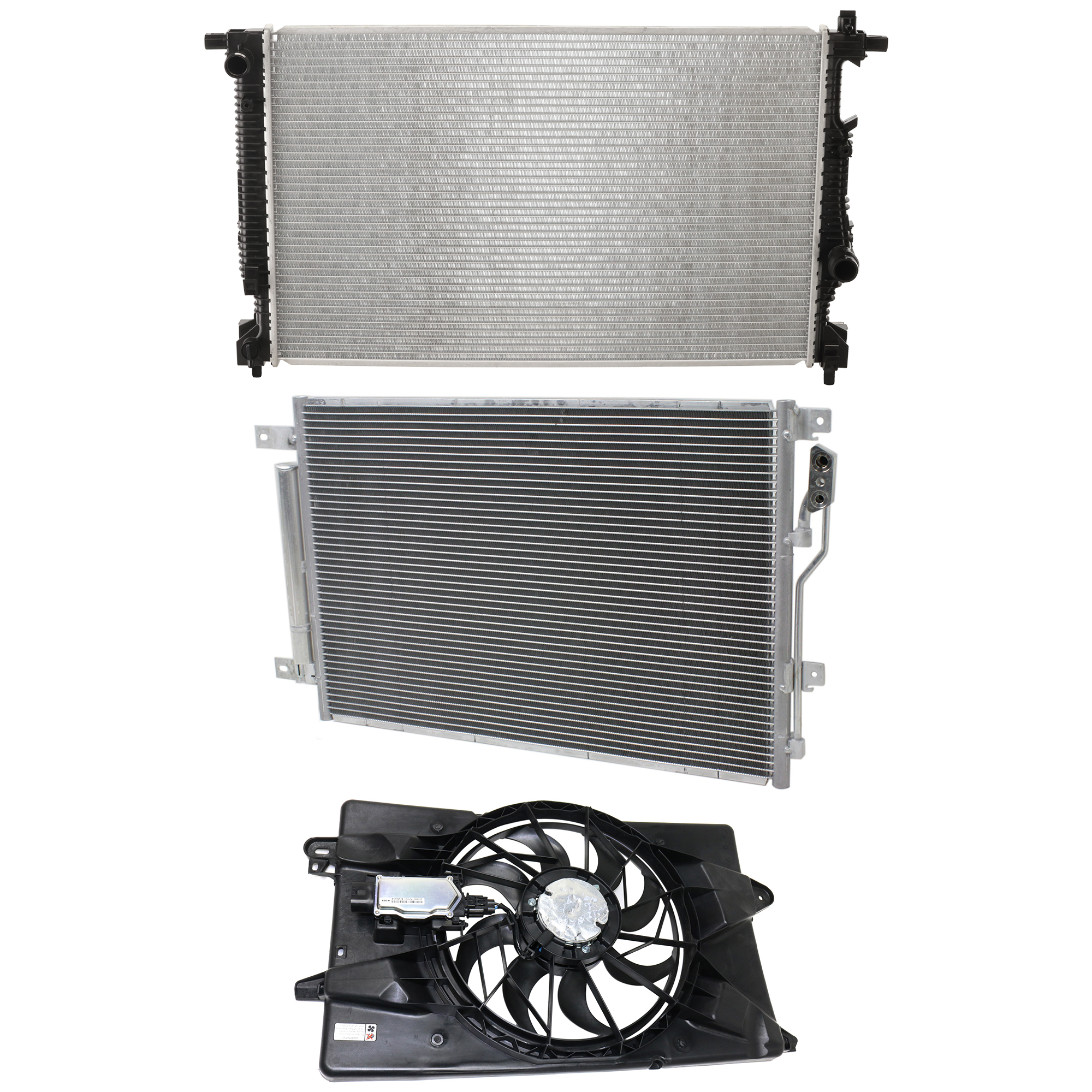 AM DART 13-16 RADIATOR FAN ASSEMBLY Single Fan to 6-4-12-3 pc kit with A C Condenser and Radiator SKU KIT 122024 C29 Partslink CH3115176 CH3030250 CH3010361 OEM 55111482AC 68189127AA 55111484