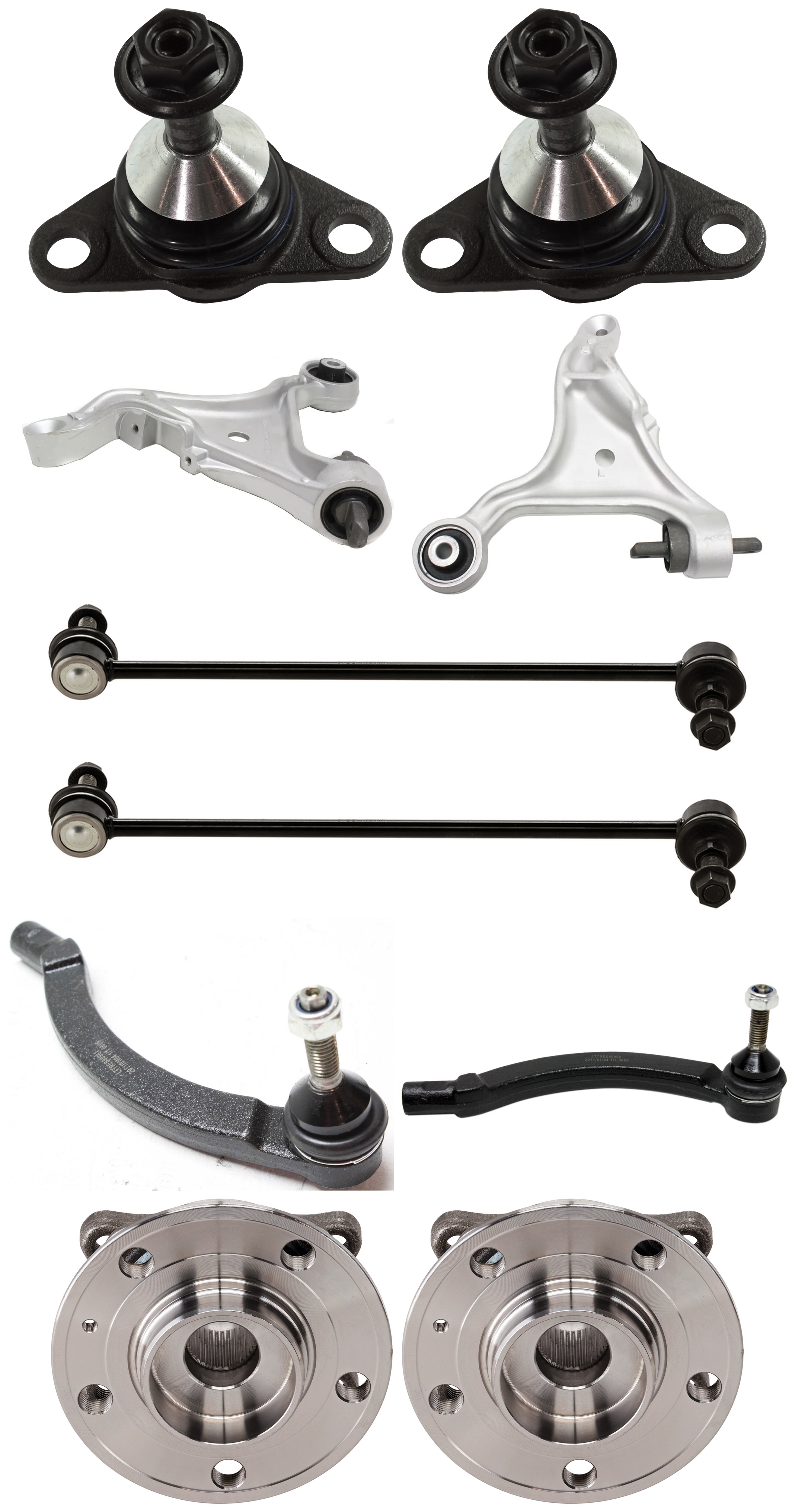 AM S60-01-07 V70-01-07 FRONT SUSPENSION KIT 10 pc kit with Ball Joint Control Arm Sway Bar Link Tie Rod End and Wheel Hub SKU KIT 122024 C363 OEM 30635229-30635230-8649544-2