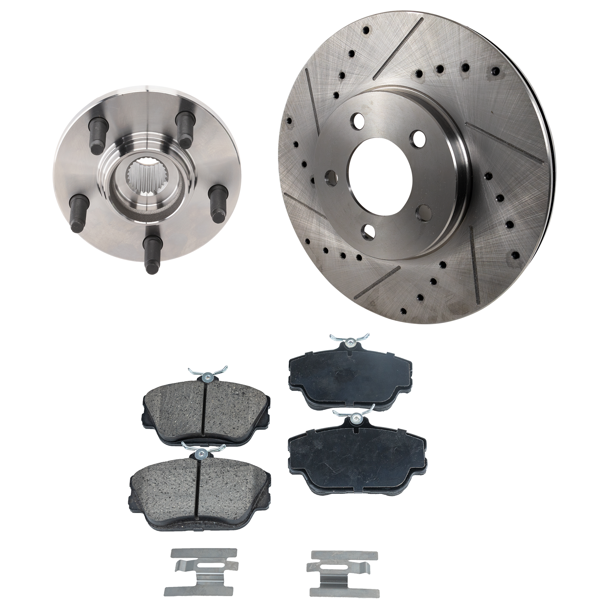AM SABLE 01-05 TAURUS 01-07 FRONT BRAKE DISC AND PAD kit 6 pc kit Plain Surface w Wheel Hub SKU KIT 122024 C381 OEM 3F1Z1104BA YF1Z1V125F 1F1Z2001