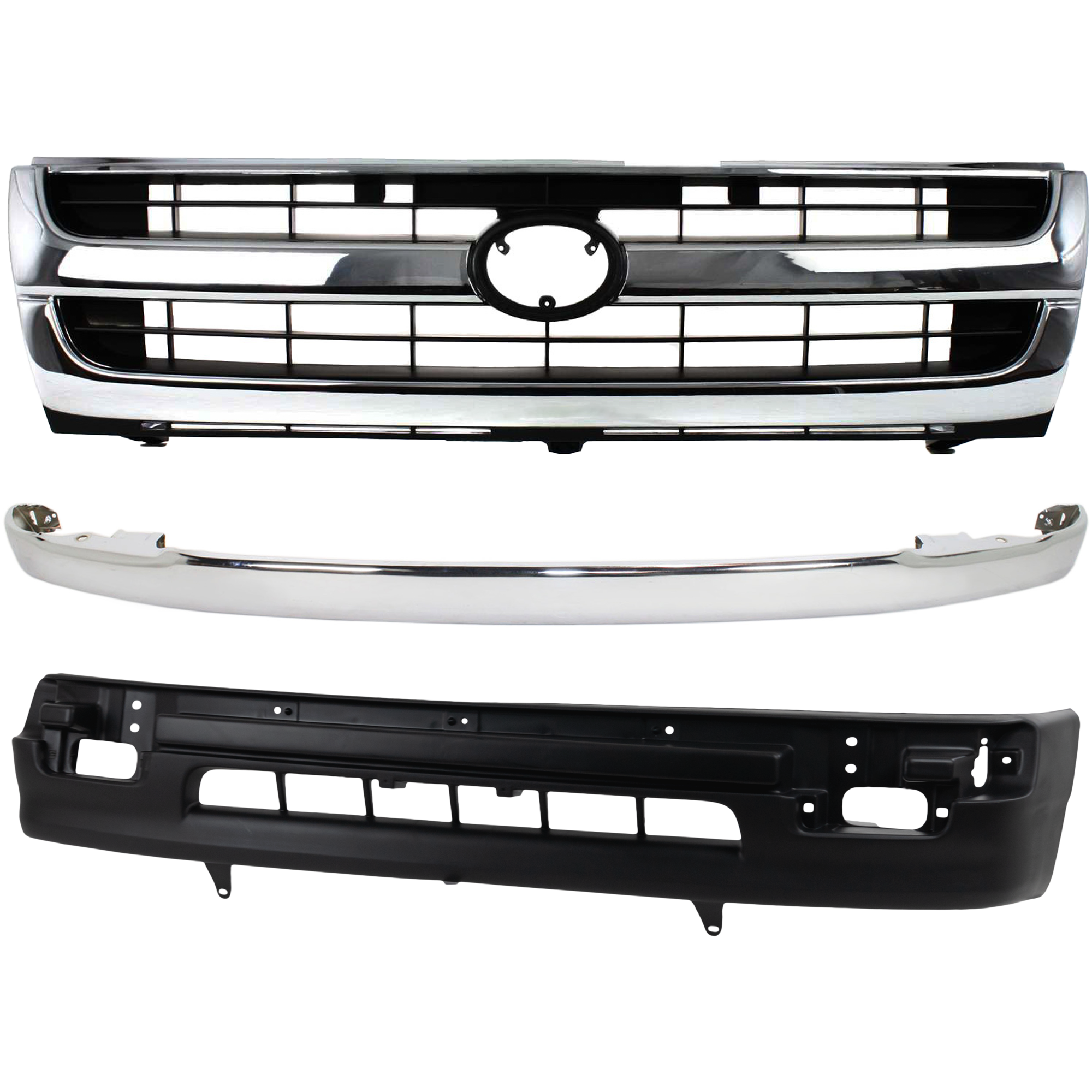 AM TACOMA 98-00 FRONT BUMPER MOLDING Chrome 2WD Except Pre Runner Model Plastic 3 pc kit with Grille Assembly and Valance SKU KIT 122024 C38 Partslink TO1002165 TO1200205 TO1095171 OEM 5210104090-5310004070-53911040