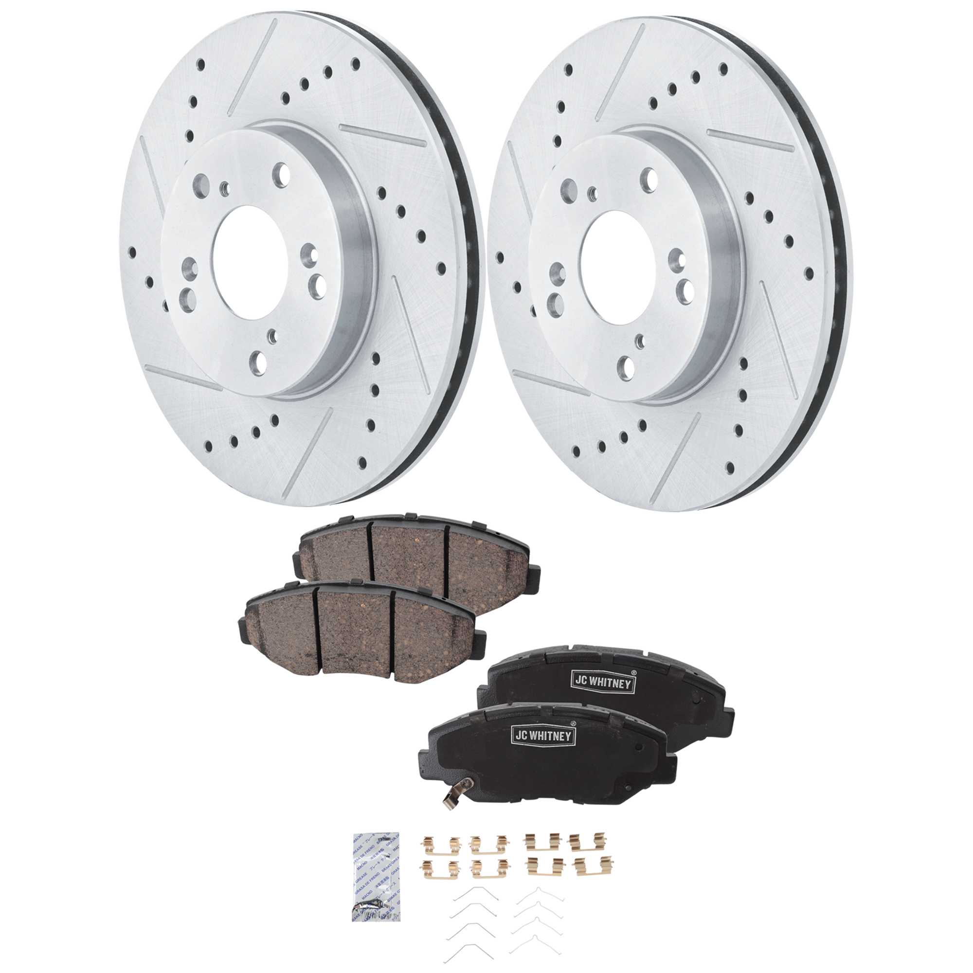 AM ACCORD 03-17 CIVIC 13-21 FRONT BRAKE DISC AND PAD kit 4 pc kit Cross drilled and Slotted Vented 5 Lugs SKU KIT 122024 C411 OEM 45022S9AA01-45022S9AA02-4502