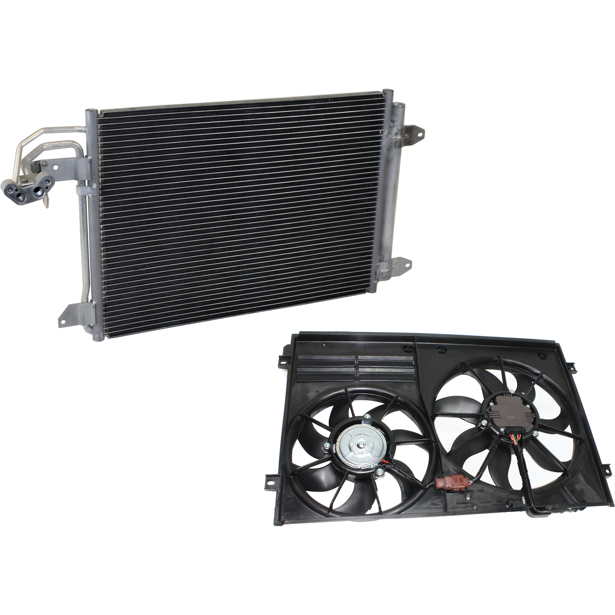 AM JETTA 05-10 GTI 06-14 RADIATOR FAN ASSEMBLY Dual Fan w Louver Type 2 pc kit with A C Condenser SKU KIT 122024 C42 Partslink VW3117106 AU3030129 OEM 1K0121205AJ PFM 1K0959455ET 1K