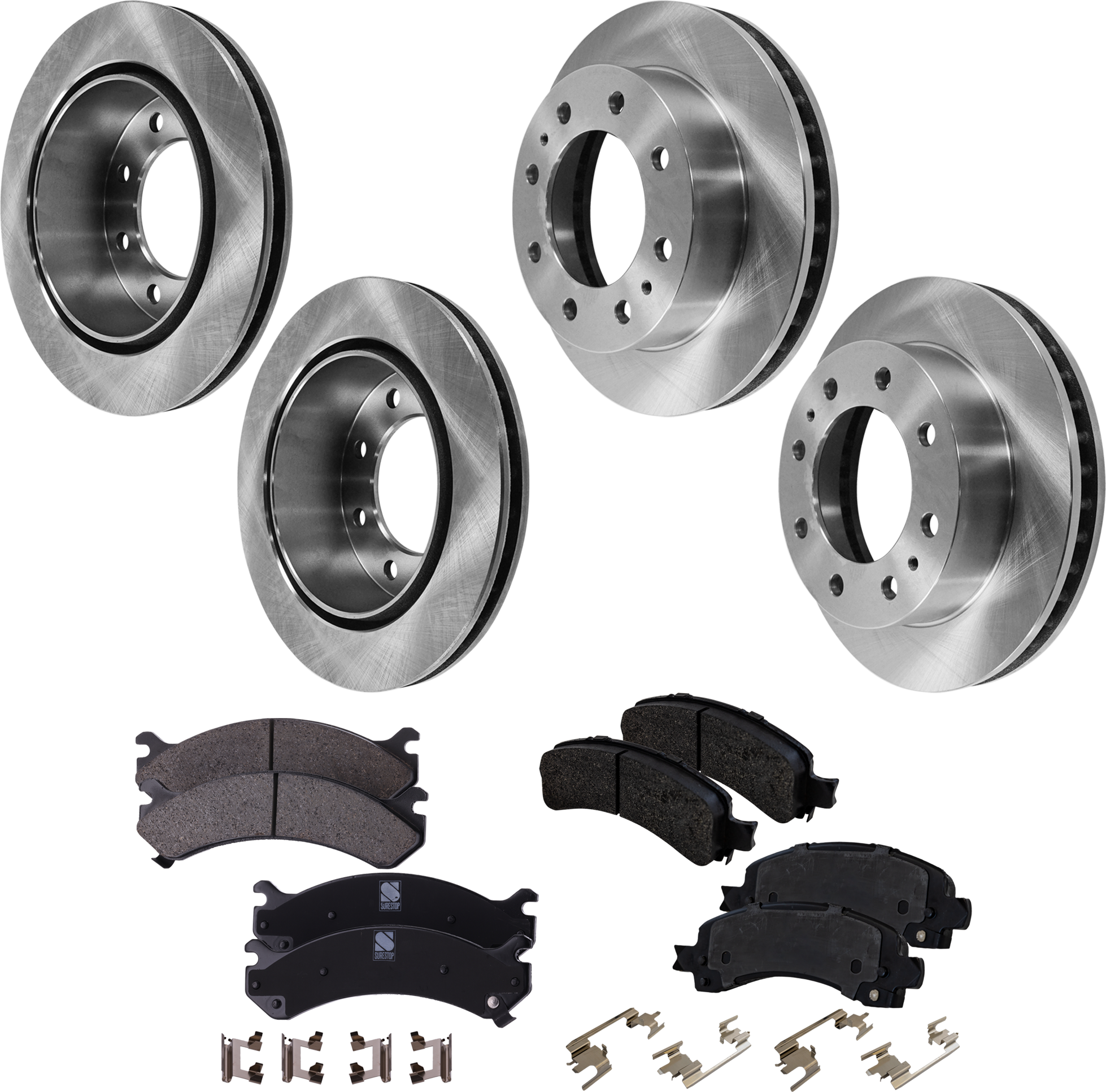 AM EXPRESS SAVANA 2500-03-17 FRONT AND REAR BRAKE DISC AND PAD KIT 8 pc Kit Plain Surface Vented 8 Lugs SKU KIT 122024 C479 OEM 15712801-18060654-18026219-180