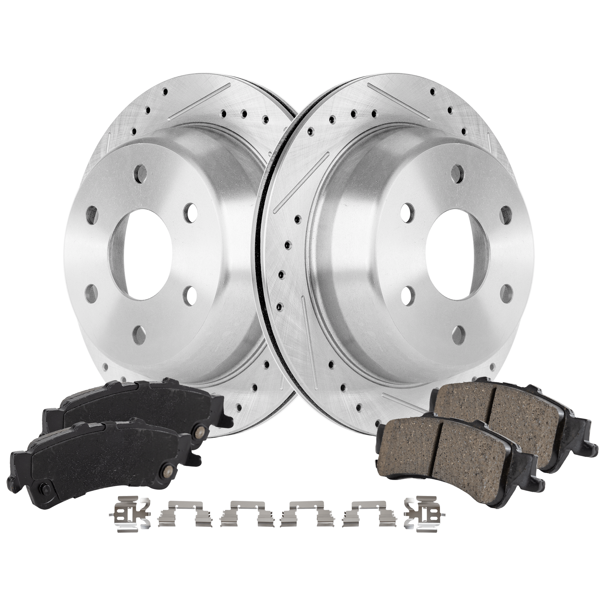 AM SILVERADO SIERRA 1500-99-06 REAR BRAKE DISC AND PAD KIT 2 Wheel Set Cross drilled and Slotted Vented 6 Lugs SKU KIT 122024 C52 OEM 90048037-56827FZN 18026447-180