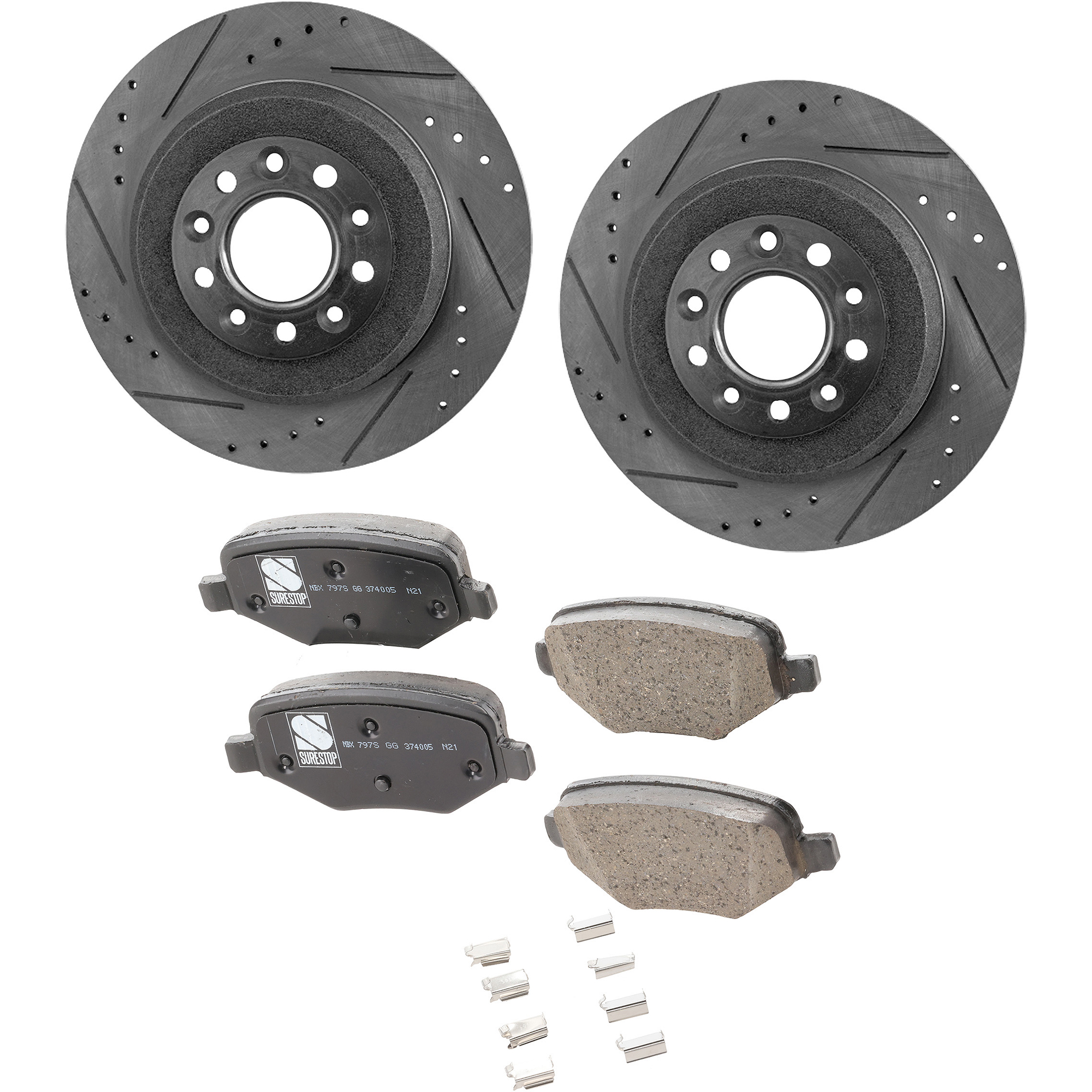 AM EDGE 11-14 FLEX 15-19 REAR BRAKE DISC AND PAD KIT 2 Wheel Set Cross drilled and Slotted SKU KIT 122024 C540 OEM 19362-42146-42266-54125-54165