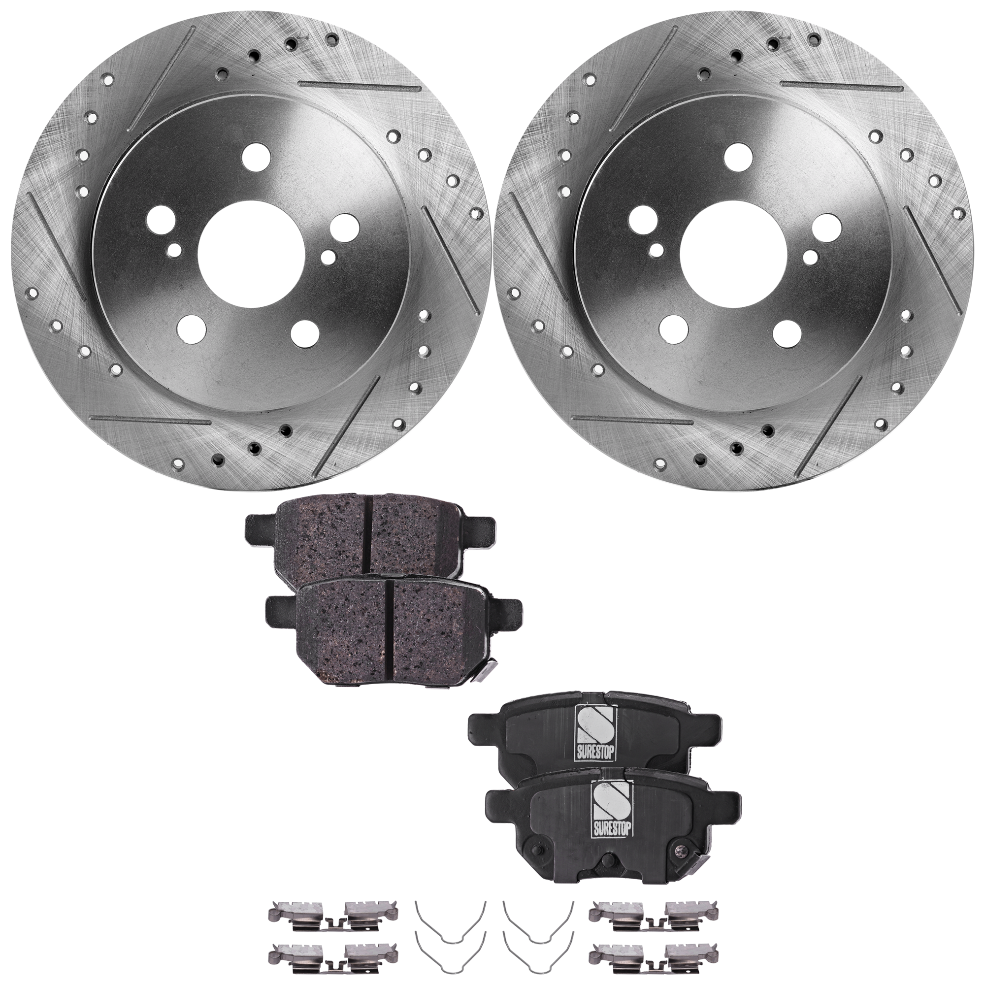 AM COROLLA 14-19 PRIUS 11-22 REAR BRAKE DISC AND PAD KIT 2 Wheel Set Cross drilled and Slotted Solid 5 Lugs SKU KIT 122024 C542 OEM 0446647020-0446647030-04466470