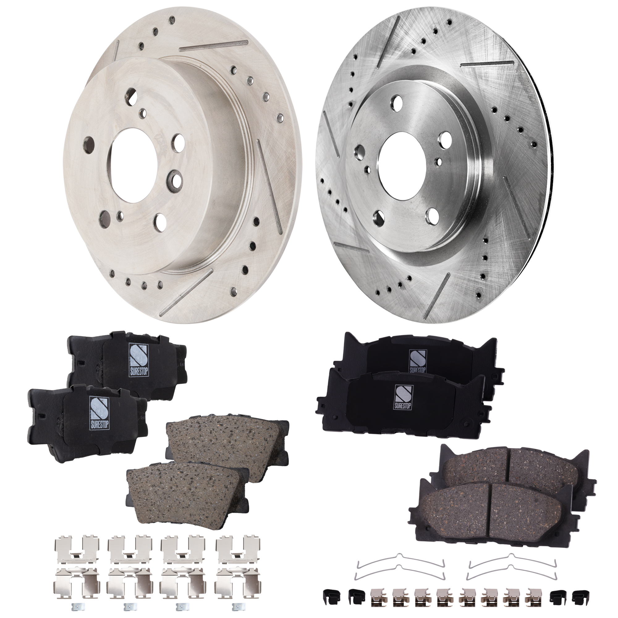 AM ES350-07-12 CAMRY 07-11 AVALON 08-12 FRONT AND REAR BRAKE DISC AND PAD KIT 4 Wheel Set Cross drilled and Slotted SKU KIT 122024 C734 OEM 31433-44581-60389-145712-0