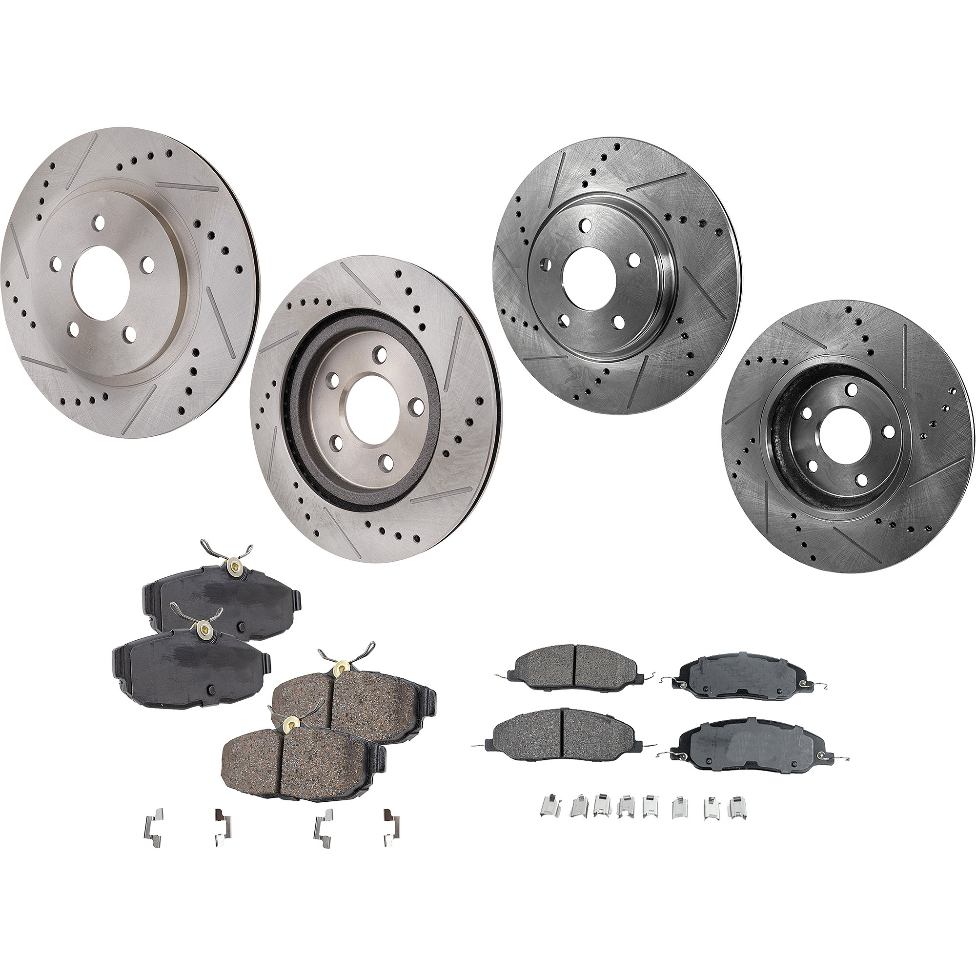 AM MUSTANG 05-10 FRONT AND REAR BRAKE DISC AND PAD KIT 8 pc Kit Cross drilled and Slotted SKU KIT 122322-01 OEM 42136-54131-900243-60054058-42