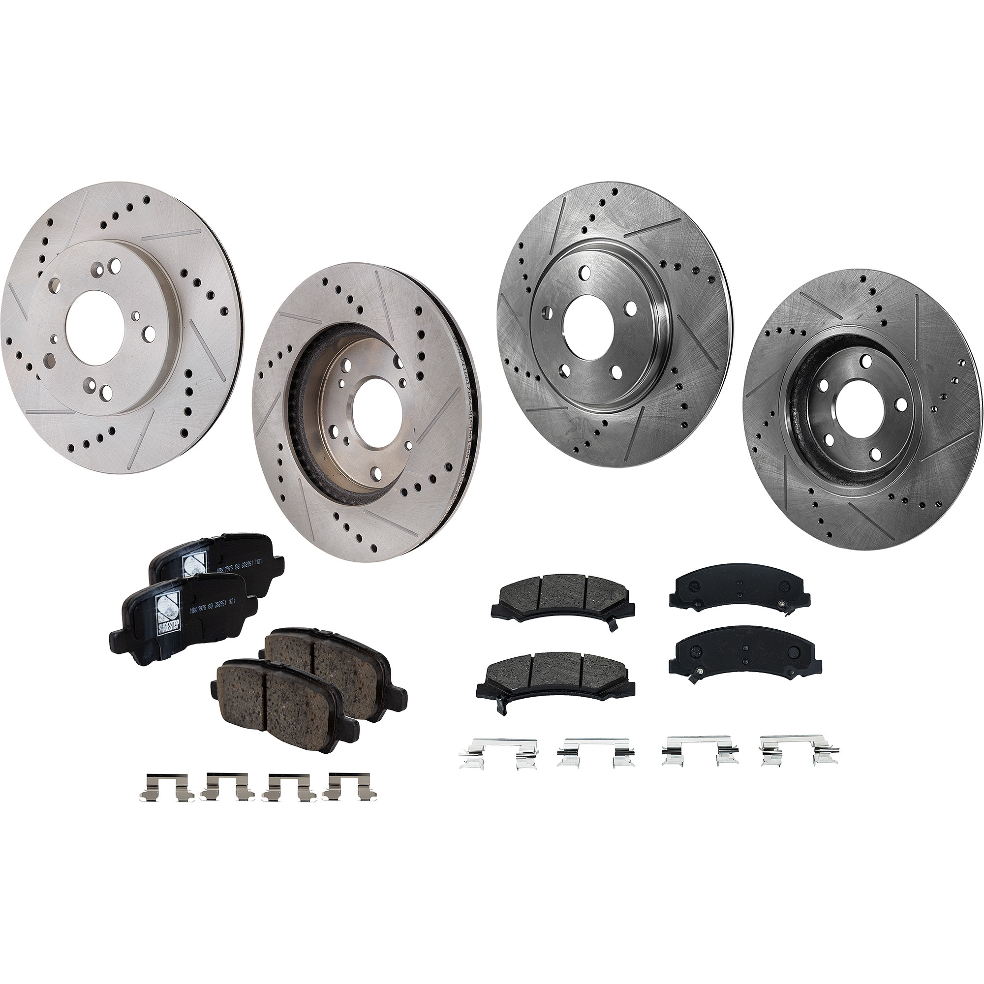 AM IMPALA 11-13 IMPALA LIMITED 14-16 FRONT AND REAR BRAKE DISC AND PAD KIT 8 pc Kit Cross drilled and Slotted SKU KIT 122322-04 OEM 19372-55126-145654-493755-5804