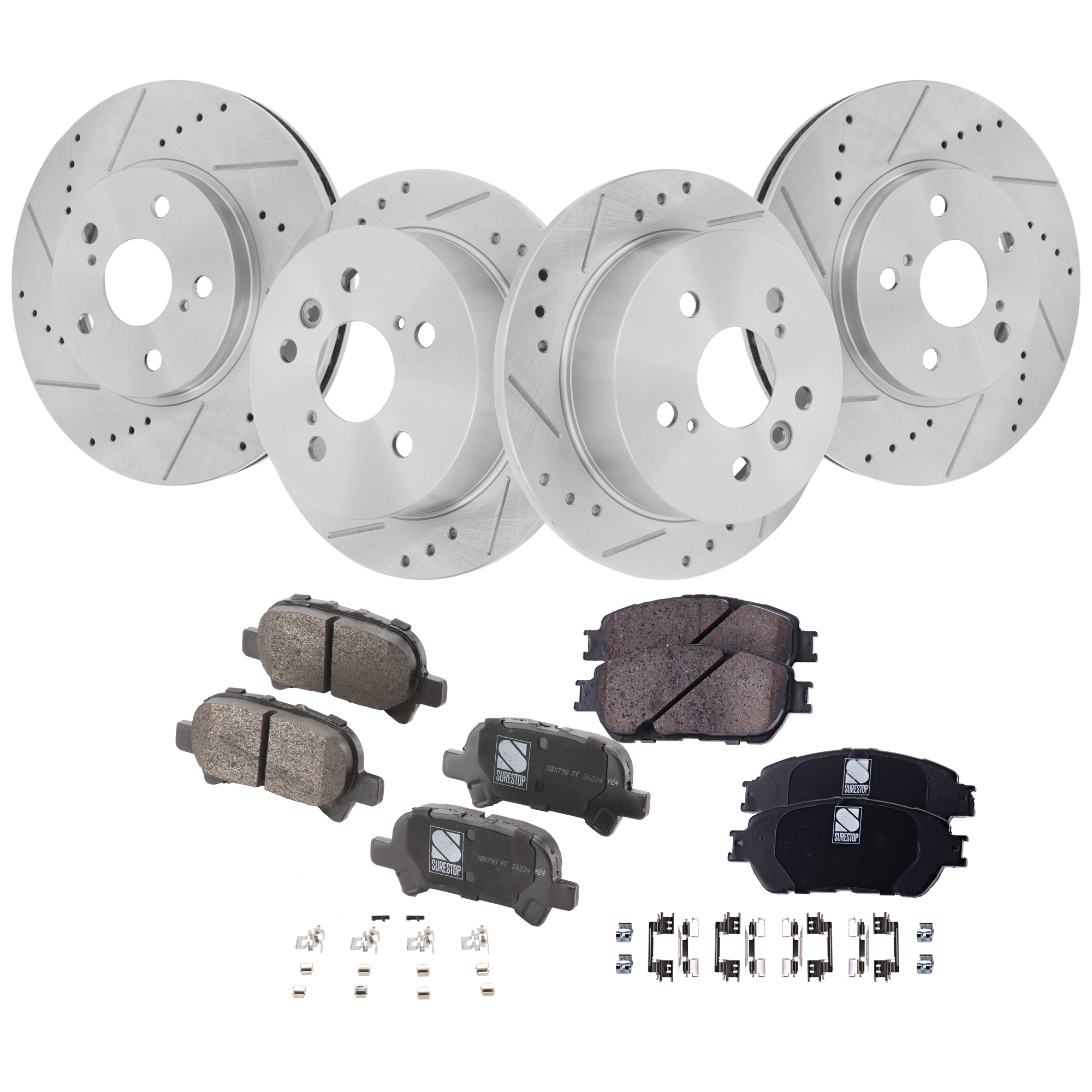 AM SOLARA 04-08 CAMRY 06-06 AVALON 05-07 FRONT AND REAR BRAKE DISC AND PAD KIT 8 pc kit Cross drilled and Slotted USA Built Vehicle SKU KIT 122322-07 OEM 19380-31314-31451-44627-145471