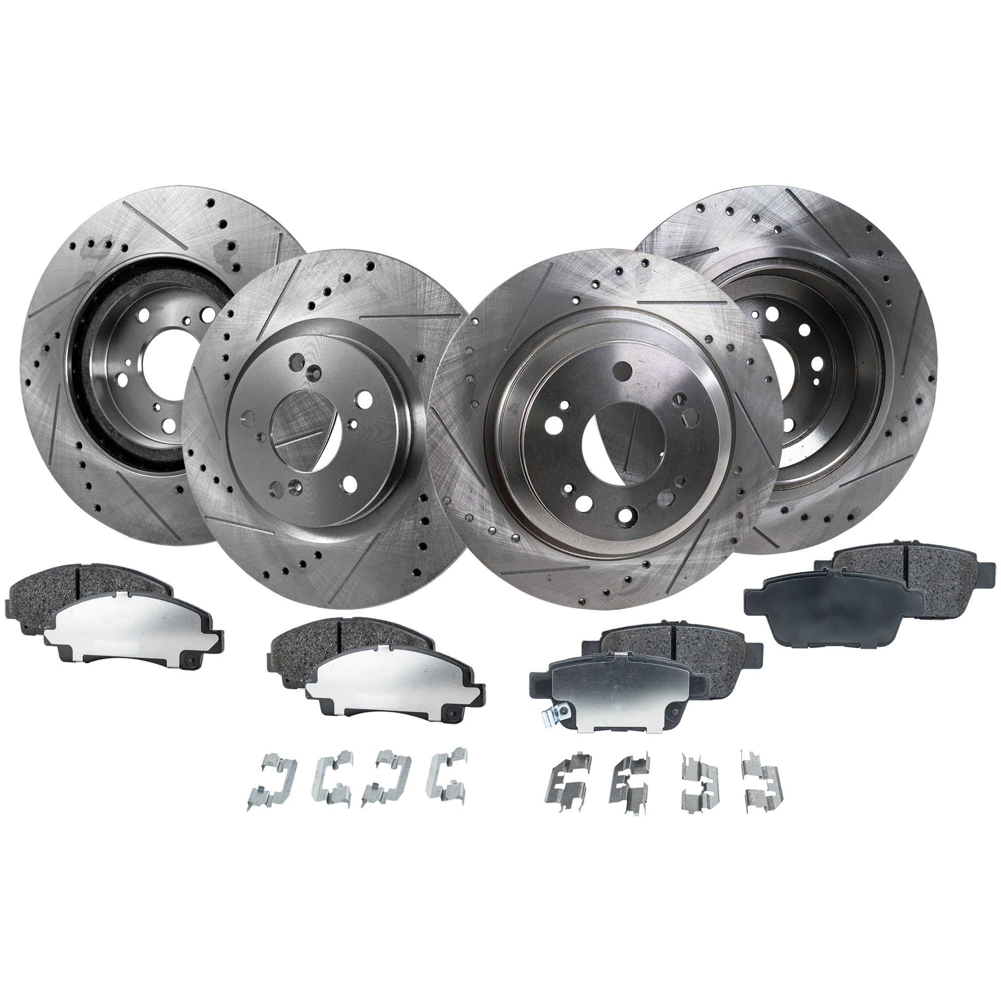 AM TL 09-14 FRONT AND REAR BRAKE DISC AND PAD KIT 4 Wheel Set Cross drilled and Slotted SKU KIT 122322-10 OEM 31-539-447-010-833-400-000-000-000