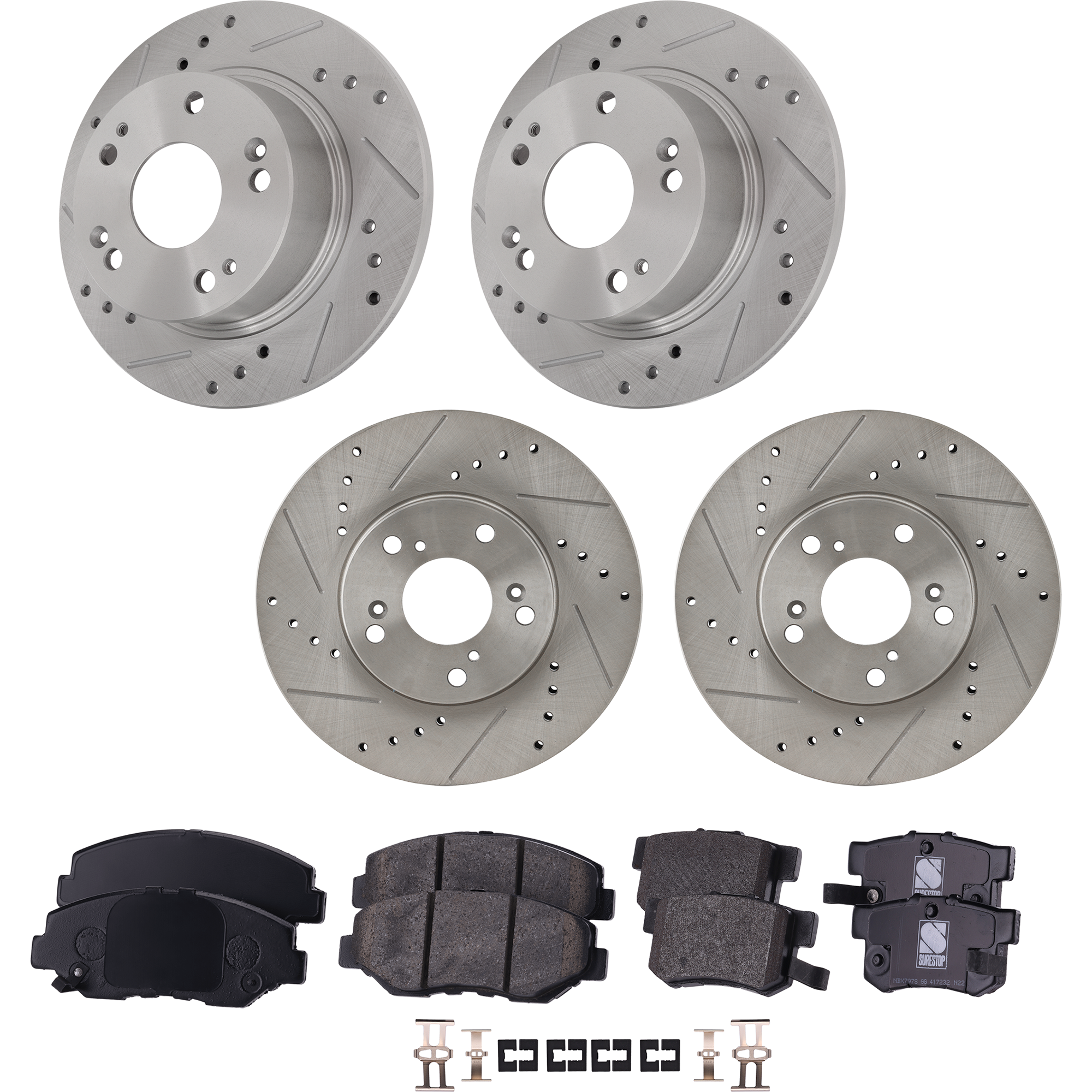 AM ACCORD 03-07 FRONT AND REAR BRAKE DISC AND PAD KIT 4 Wheel Set Cross drilled and Slotted SKU KIT 122822-01 OEM 19-342-313-151-454-000-000-000-000