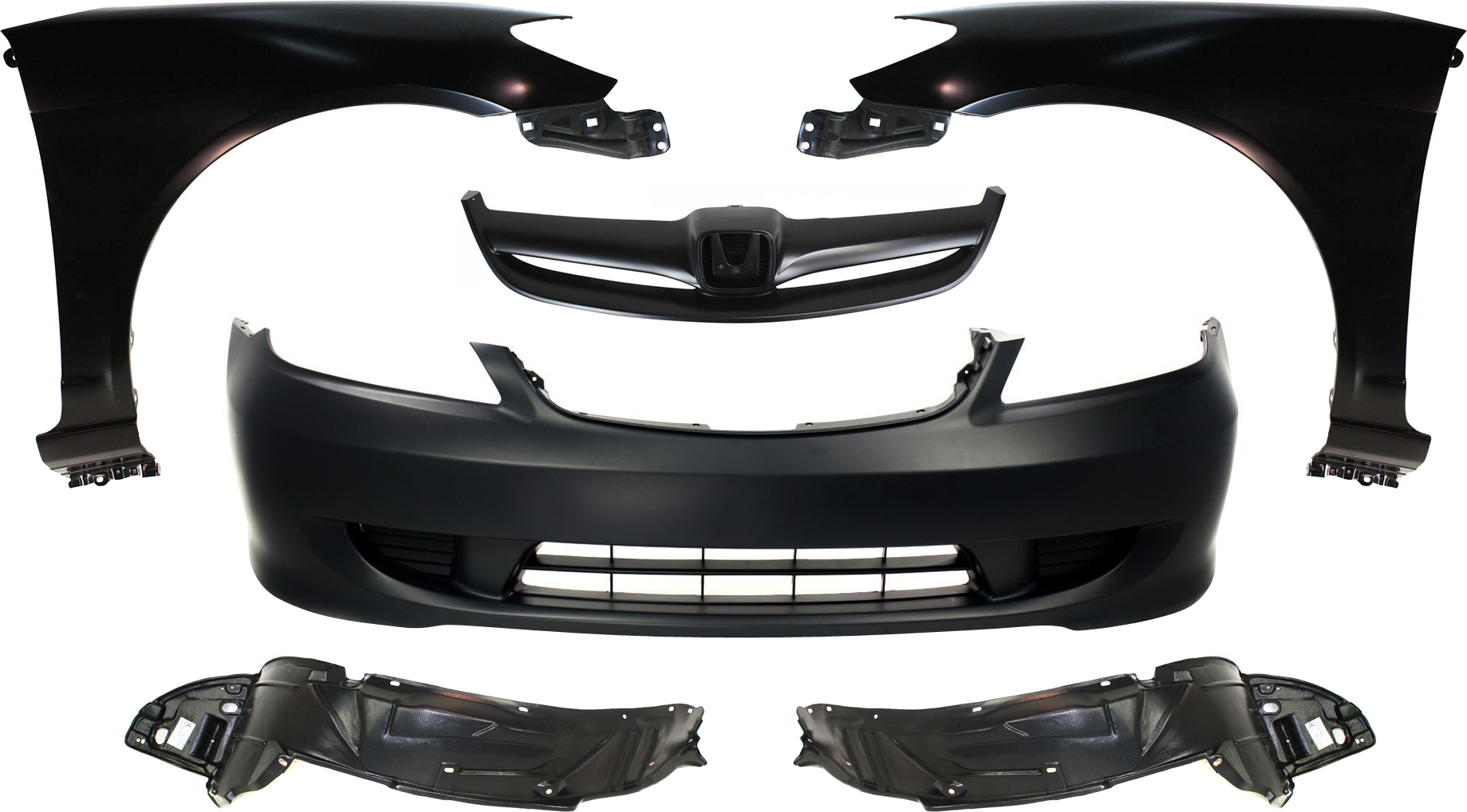 AM CIVIC 04-05 FRONT BUMPER COVER 6 pc kit with Grille Fender Liners and Fenders SKU KIT 30215-20 Partslink HO1000216 HO1240162 HO1241162 HO1248121 HO1249121 HO1200164 OEM 04711S5AA91ZZ 60261S5AA80ZZ 60