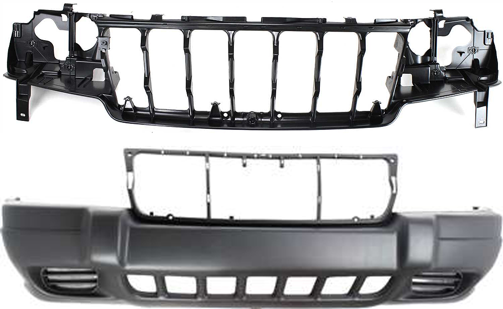 AM GRAND CHEROKEE 99-03 HEADER PANEL 2 pc Kit with Bumper Cover SKU KIT 30215-34 Partslink CH1220116 CH1000264 OEM 55155498AB 5EU79ZSPAB 5EU79HS5