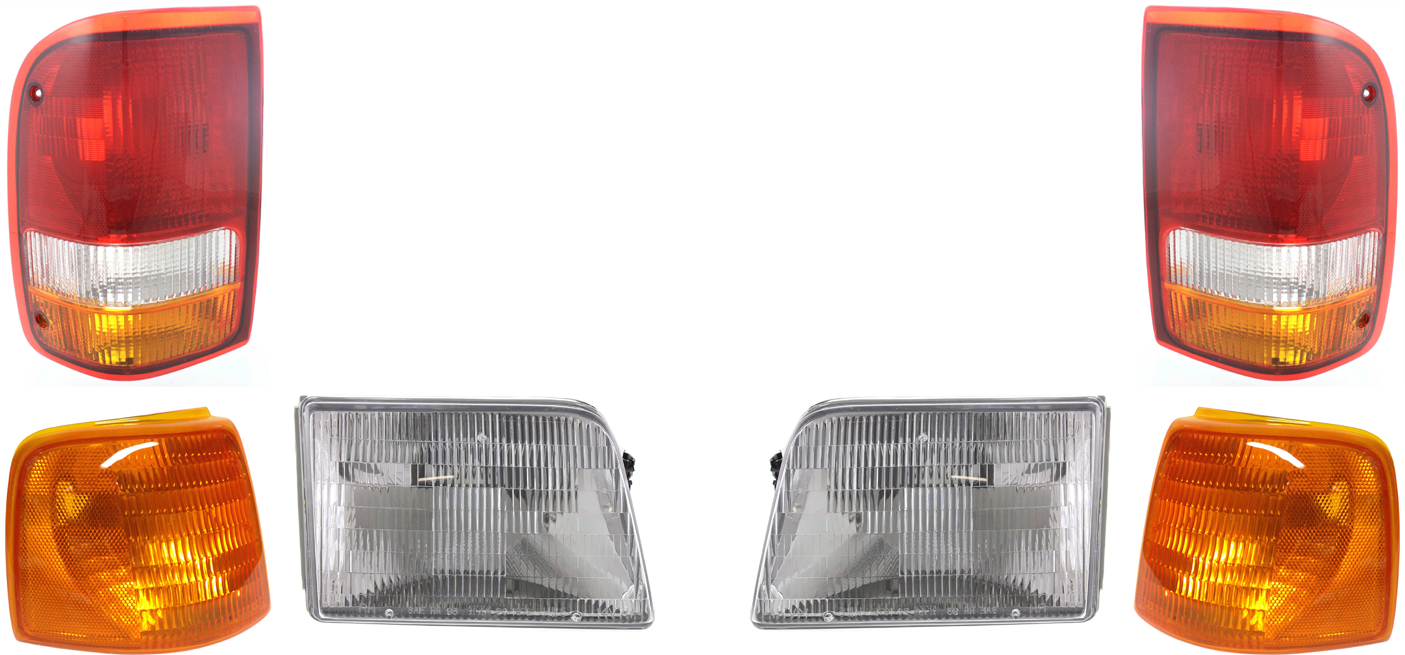 AM RANGER 93-97 HEAD LAMP RH AND LH with Bulbs 6 pc Kit with Corner Light and Tail Light Kit SKU KIT 30715-07 Partslink FO2503115 FO2502119 FO2520118 FO2521116 FO2800110 FO2801110 OEM F37Z13008A F37Z13008B F37Z1320