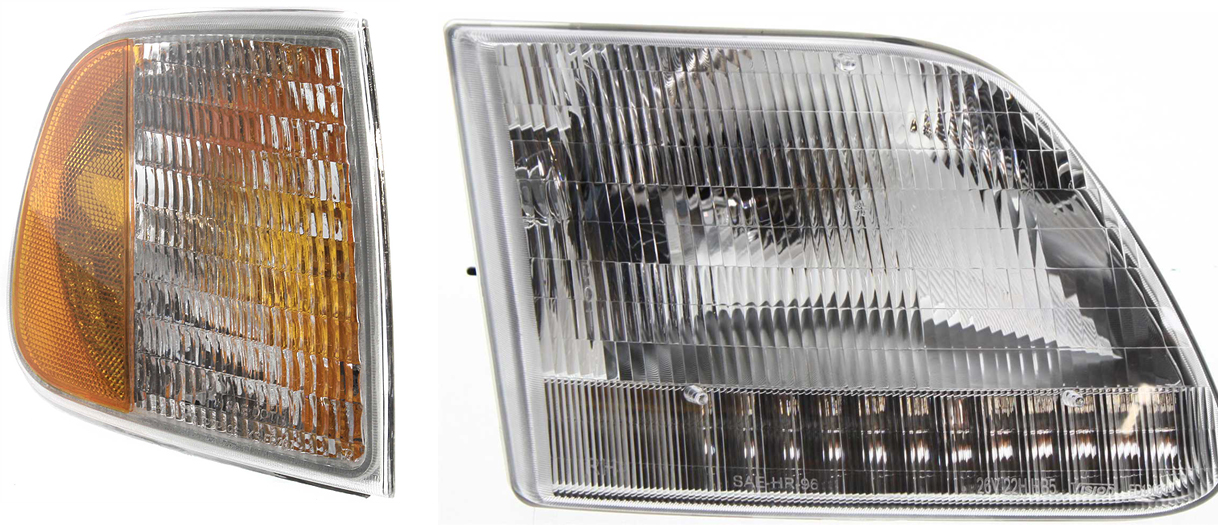 AM F 150-97-03 HEAD LAMP RH Assembly Halogen 2 pc Kit with Corner Light SKU KIT 30715-08 Partslink FO2503139 FO2551118 OEM 3L3Z13008CA F75Z13200AC
