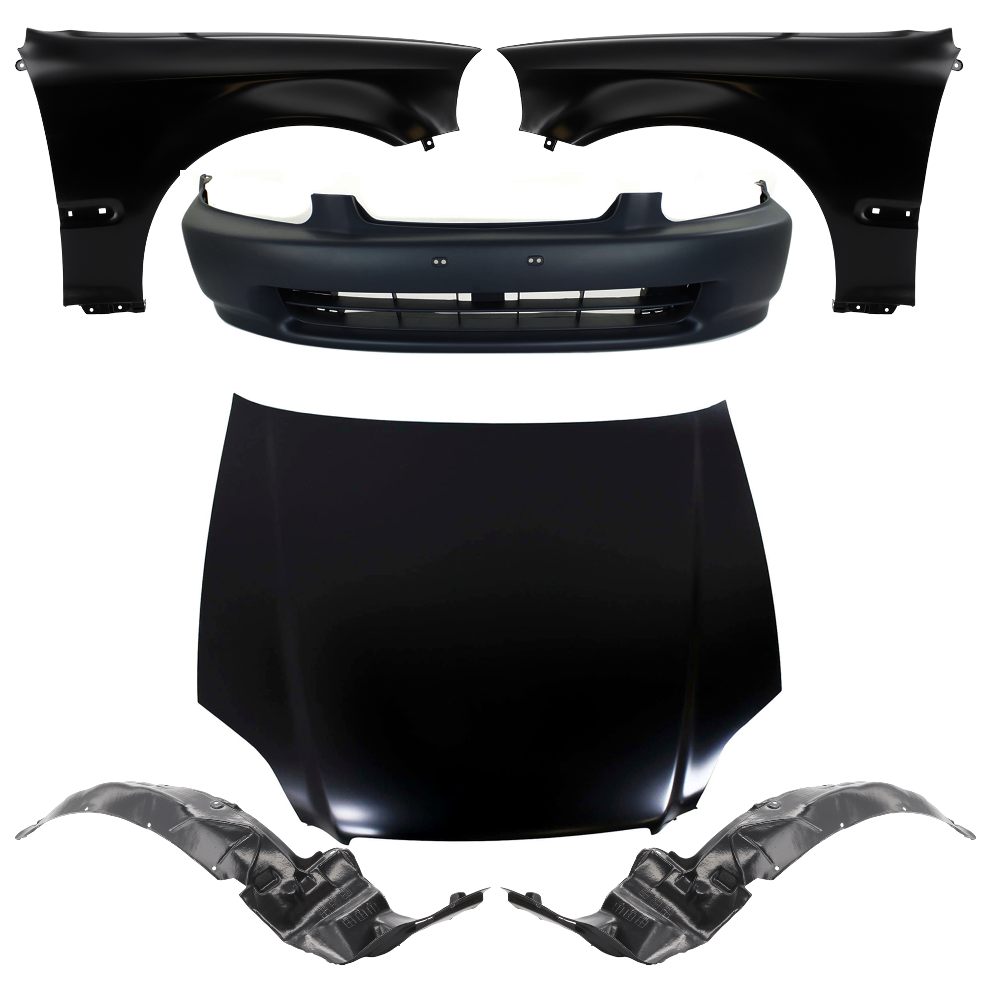 AM CIVIC 96-98 HOOD 6 pc Kit with Bumper Cover Fender Liners and Fenders SKU KIT 30715-16 Partslink HO1230120 HO1000172 HO1240143 HO1241143 HO1248103 HO1249103 OEM 60100S04010ZZ 04711S01A00ZZ 60