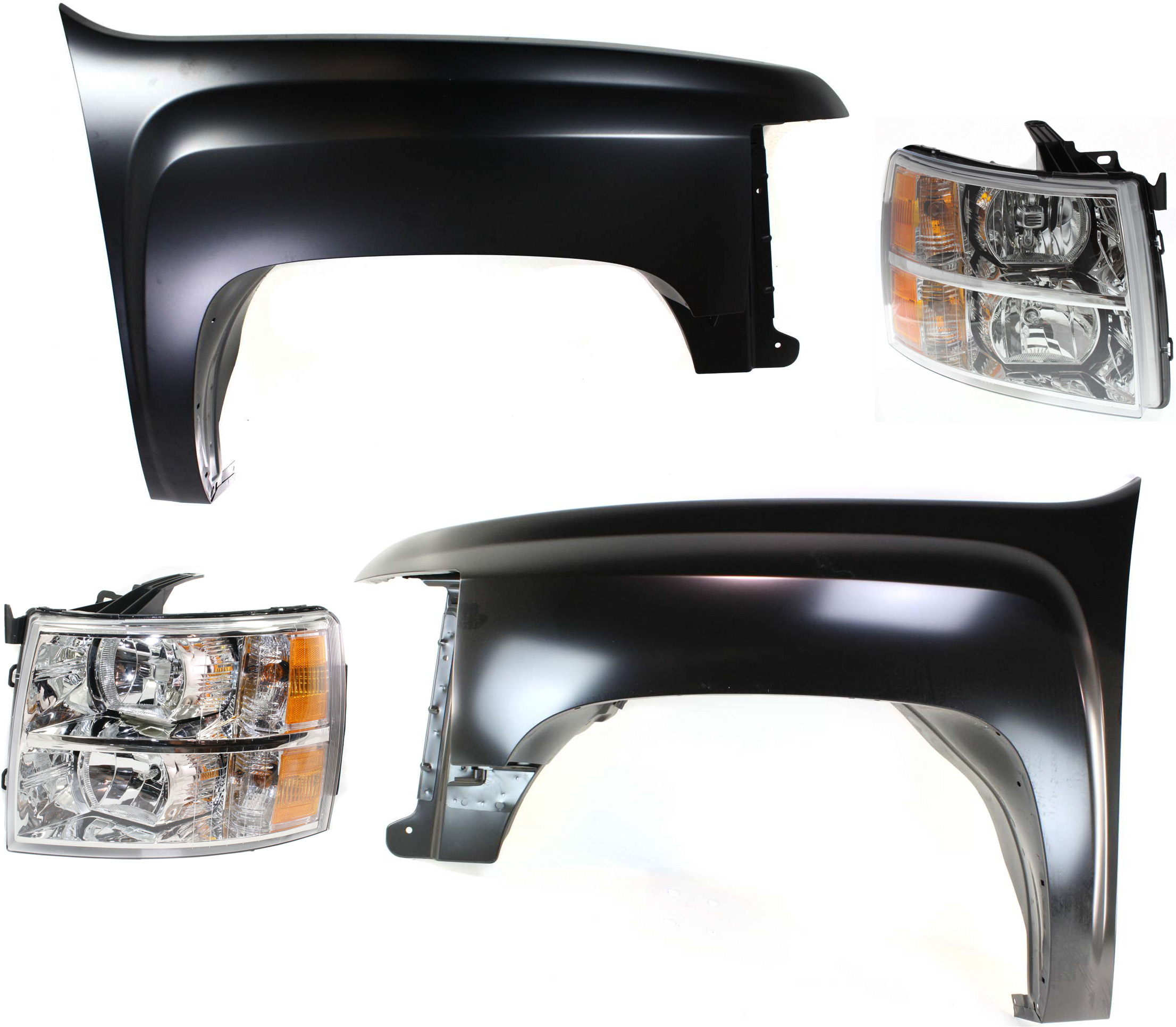 AM SILVERADO 2500HD 07-14 FRONT FENDER RH AND LH 4 pc kit with Headlight SKU KIT 32815-15 Partslink GM1241341 GM1240341 GM2502280 GM2503280 OEM 22977474-22977473-22853027-228