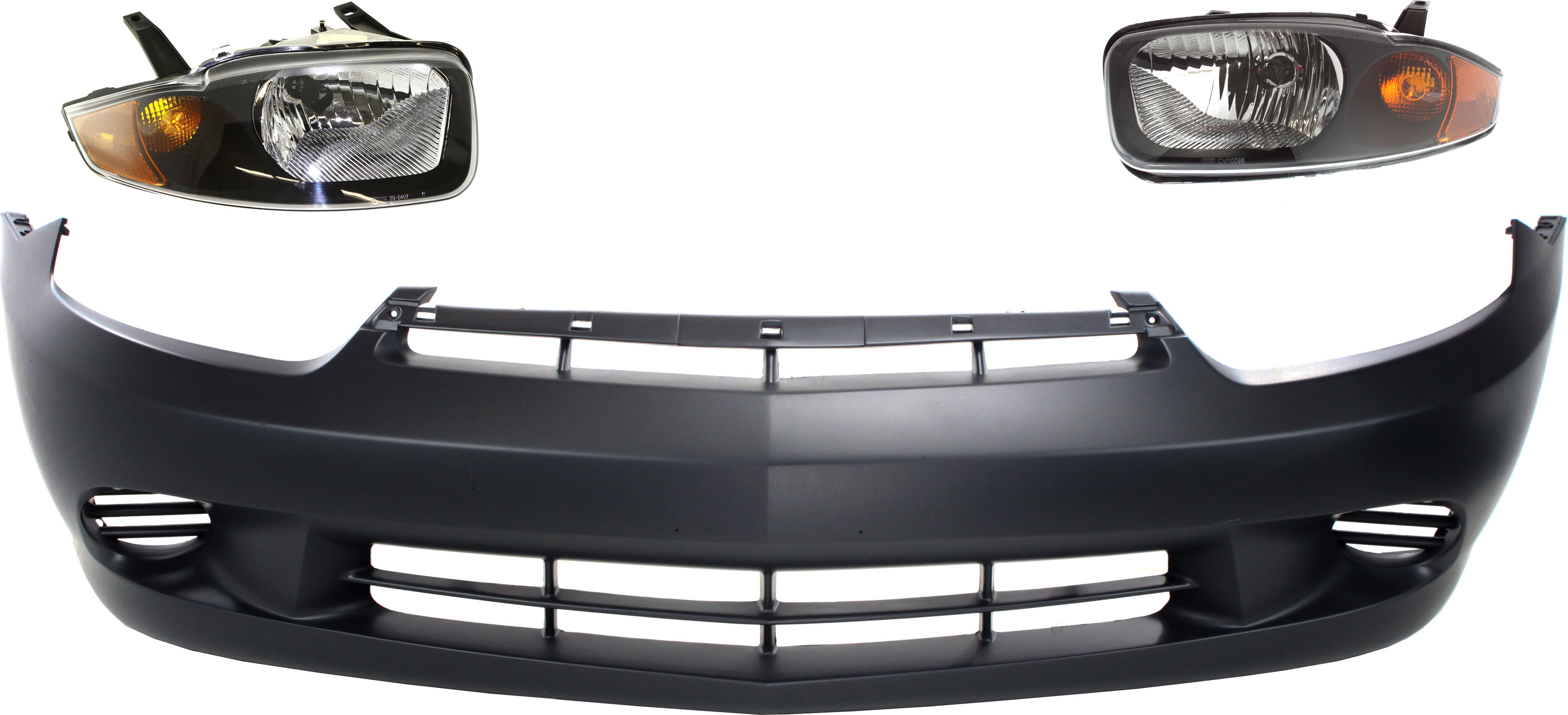 AM CAVALIER 03-05 FRONT BUMPER COVER Primed 3 pc kit with Headlights SKU KIT 32815-16 Partslink GM1000662 GM2502221 GM2503221 OEM 12335575-22707274-22707273