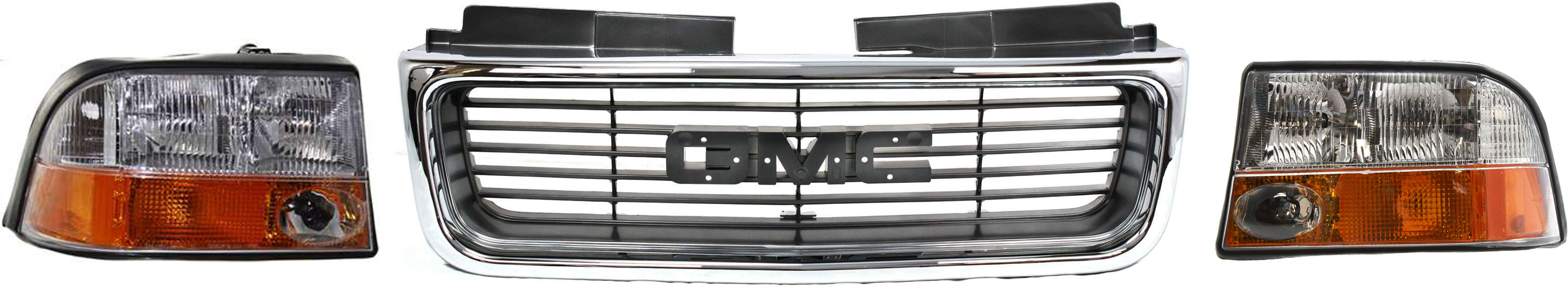 AM JIMMY 98-01 SONOMA 98-04 HEAD LAMP RH AND LH Assembly Halogen 3 pc Kit with Grille SKU KIT 32815-17 Partslink GM2503173 GM2502173 GM1200422 OEM 16526226-16526225-19130793