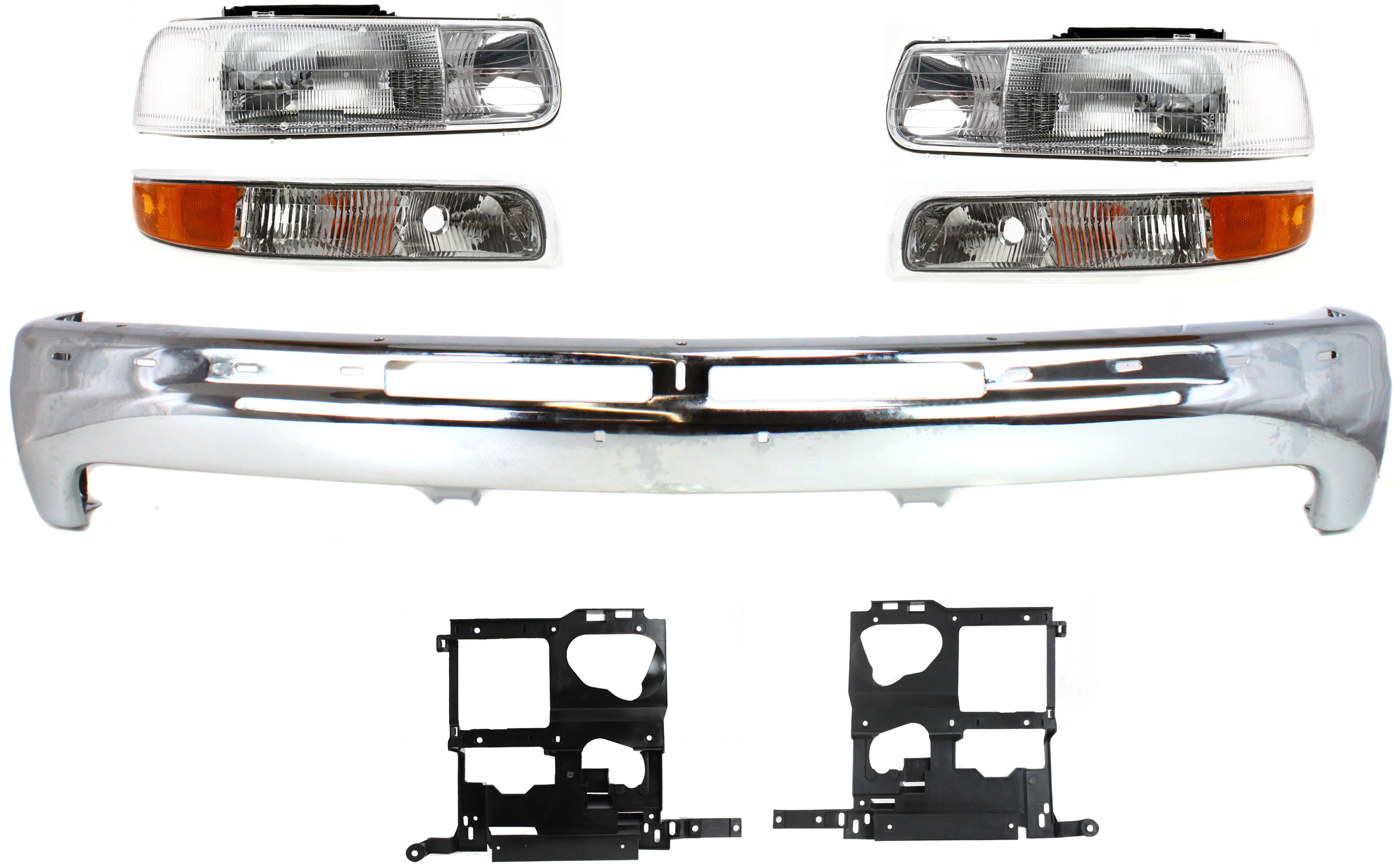 AM SILVERADO 1500-2500-99-02 TAHOE 00-06 FRONT BUMPER Chrome 7 pc kit with Headlight Brackets Headlights and Parking Lights SKU KIT 32815-18 Partslink GM1002376 GM2502187 GM2503187 GM1221121 GM1221122 GM2520173 GM2521173 OEM 12336026-16526133-16526134-157