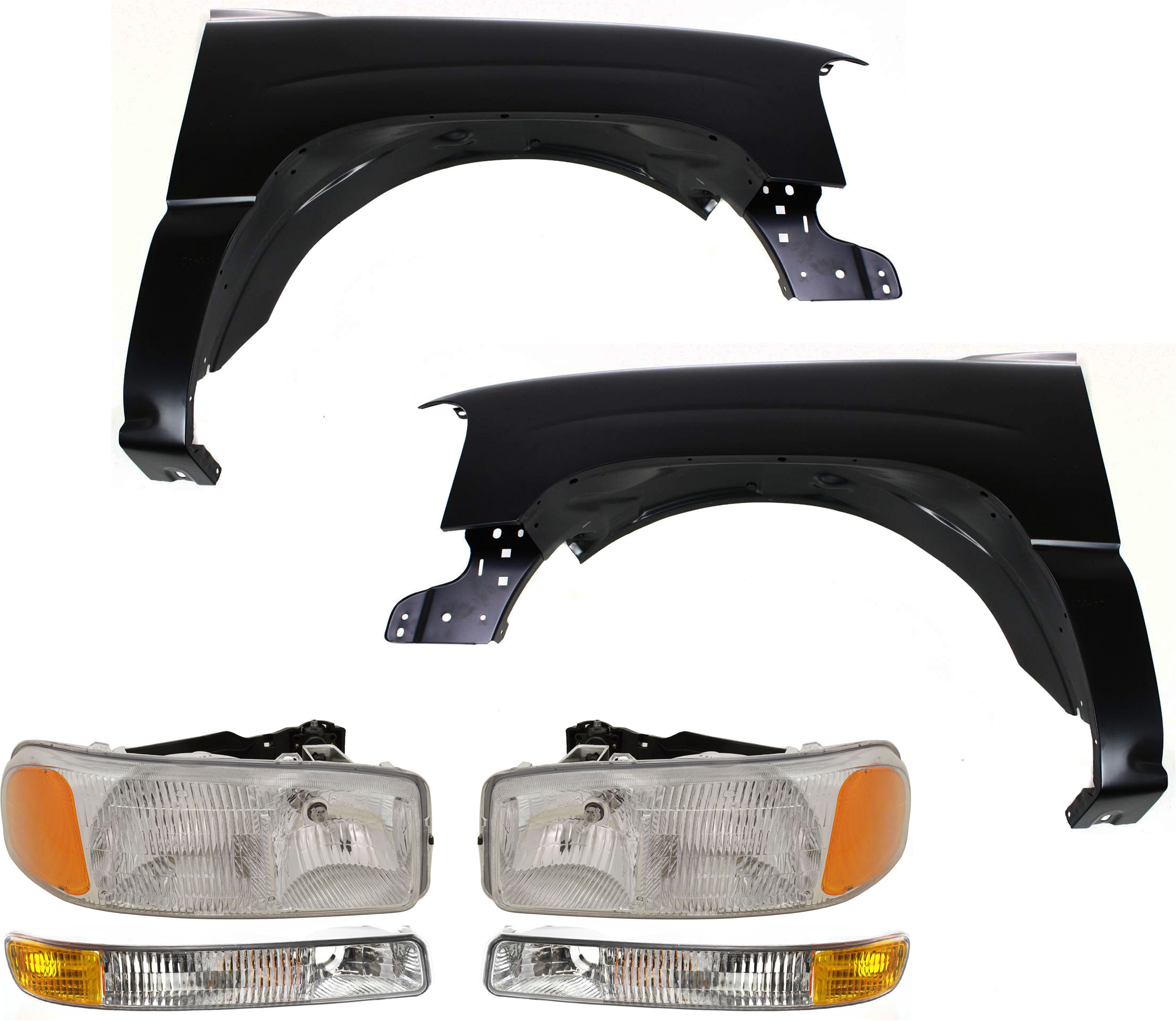 AM SIERRA P U 99-07 FRONT FENDER RH AND LH 6 pc kit with Fenders and Headlights SKU KIT 32815-28 Partslink GM1240281 GM1241281 GM2502188 GM2503188 GM2520174 GM2521174 OEM 19168845-88944418-15850351-158