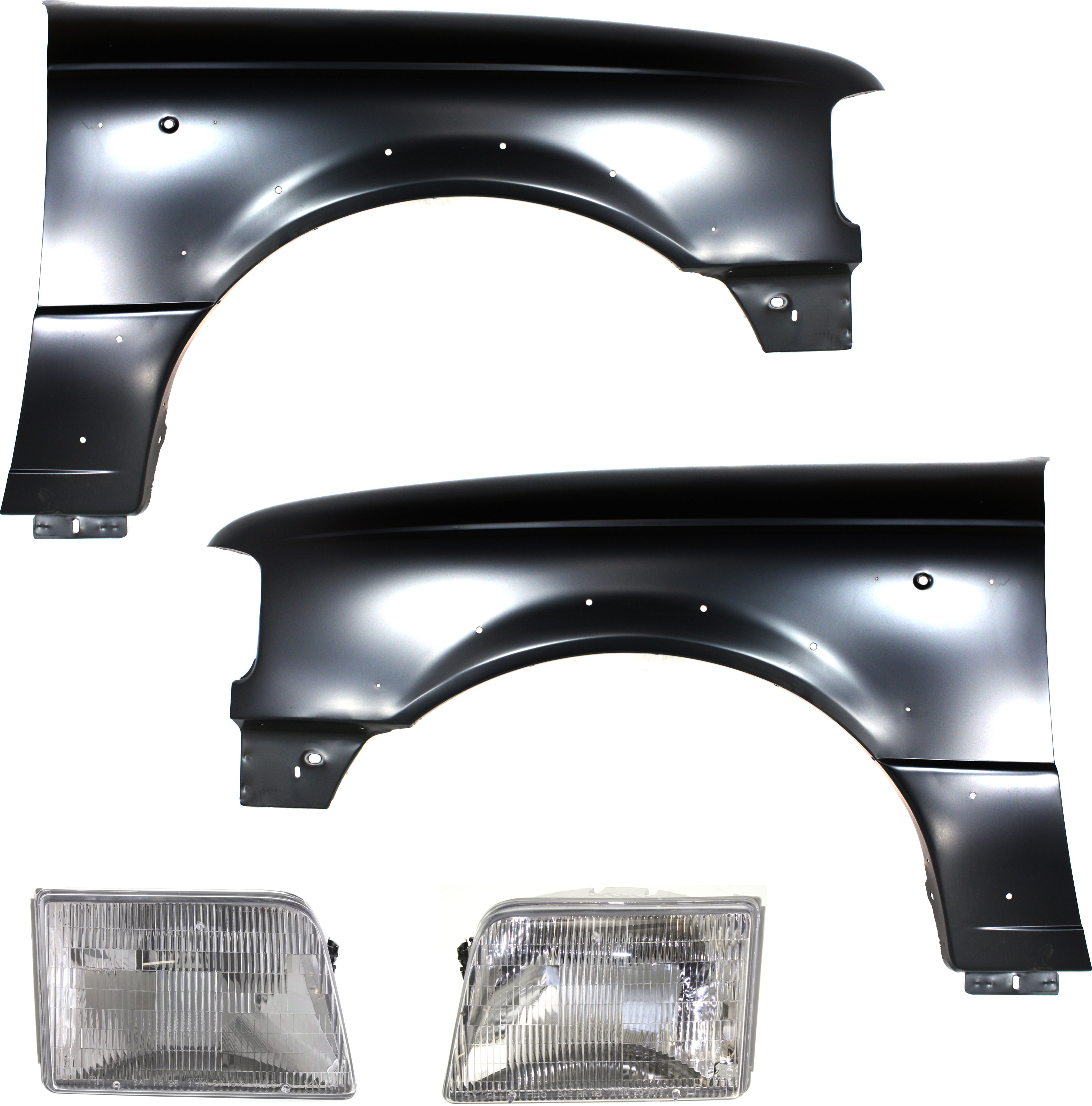 AM RANGER 93-97 FRONT FENDER RH AND LH 4 pc kit with Headlights SKU KIT 32815-37 Partslink FO1240160 FO1241160 FO2502119 FO2503115 OEM F67Z16006DA F57Z16005EC F37Z13