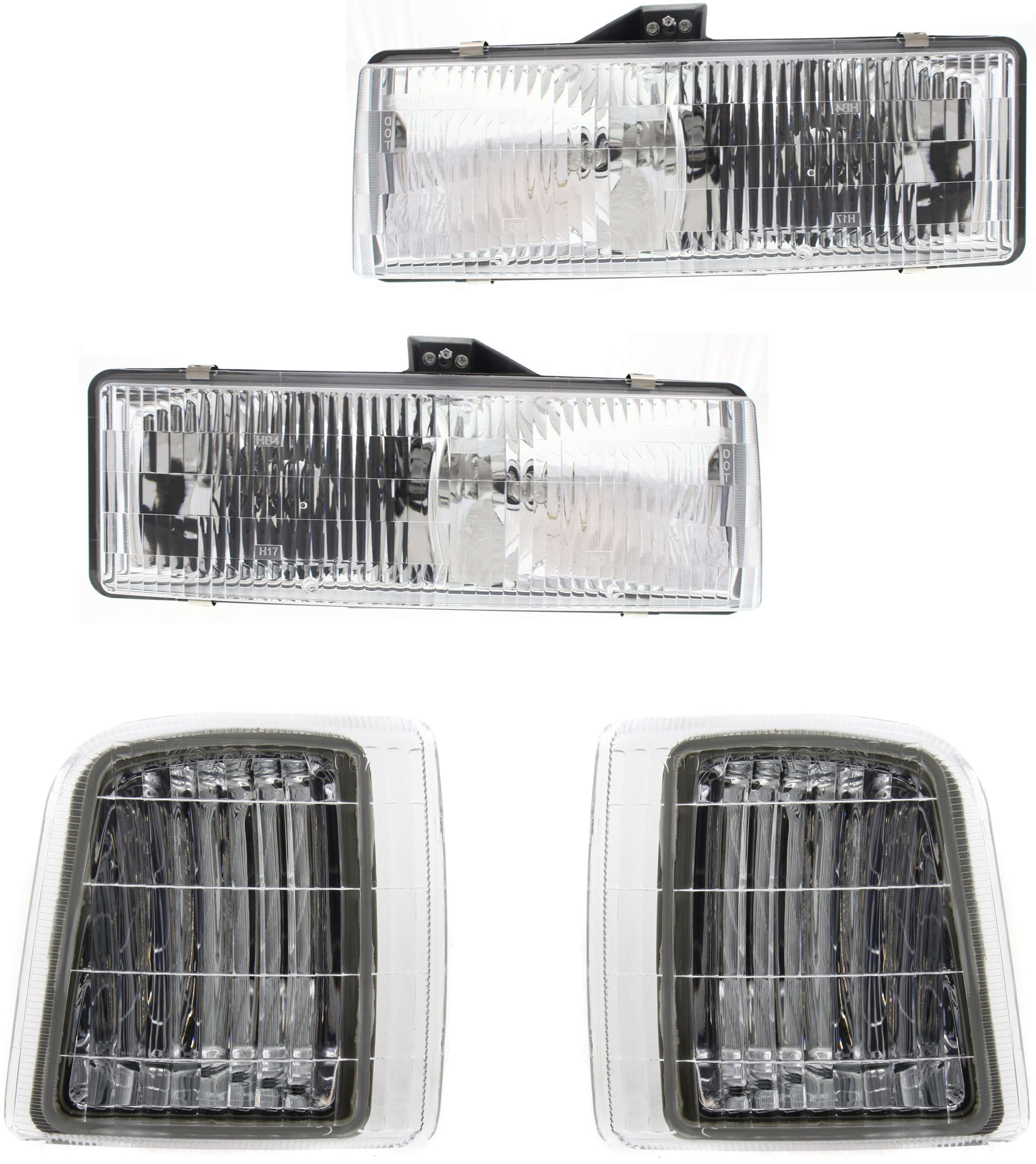 AM ASTRO SAFARI 95-05 HEAD LAMP RH AND LH Assembly Halogen 4 pc Kit with Corner Lights SKU KIT 41415-23 Partslink GM2502136 GM2503136 GM2550139 GM2551139 OEM 16524092 PFM 16524091 PFM 1652