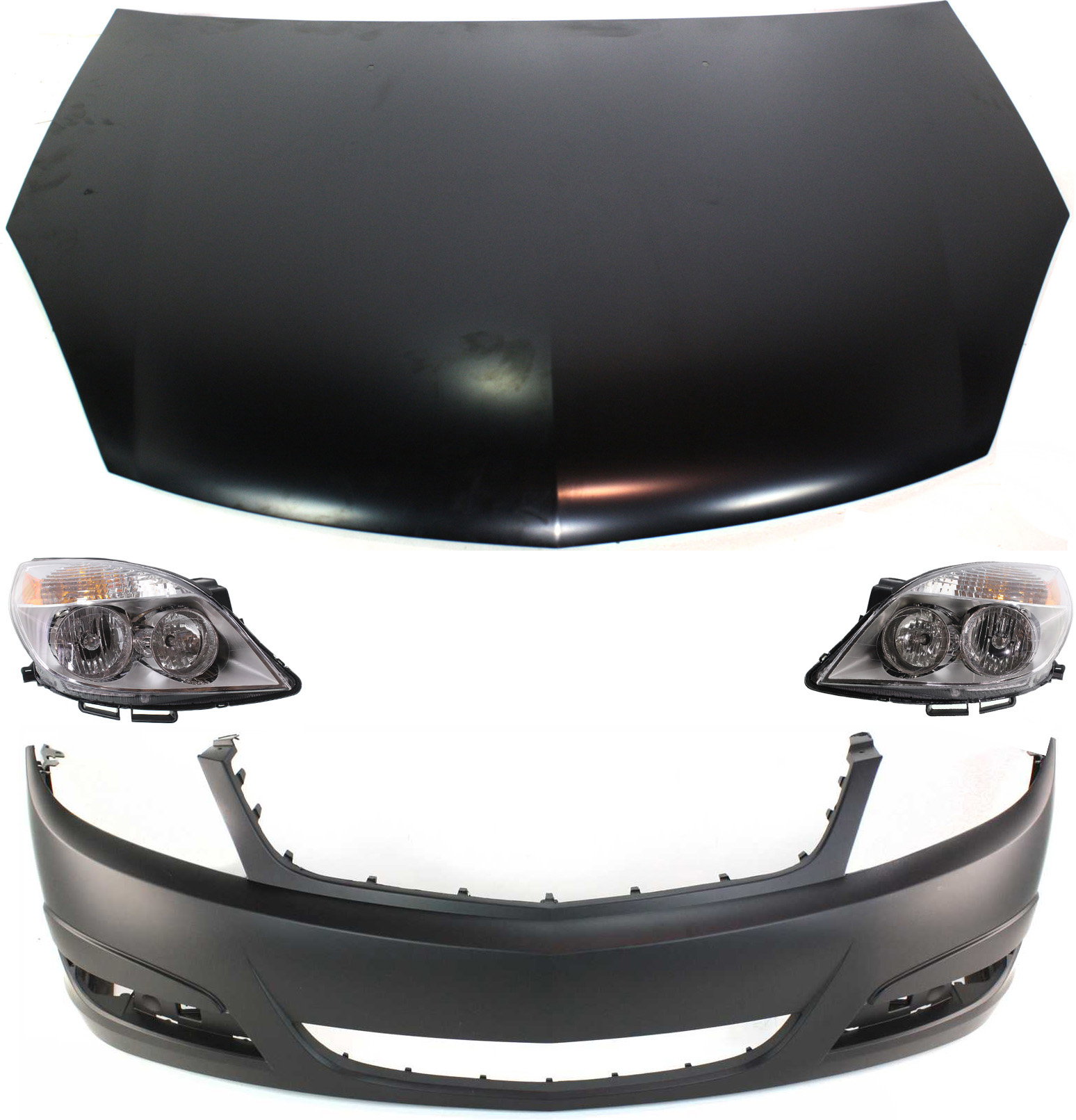AM AURA 07-09 HOOD 4 pc Kit with Bumper Cover and Headlights SKU KIT 41415-28 Partslink GM1230356 GM1000834 GM2502292 GM2503292 OEM 25987181-25851546-25854634-258
