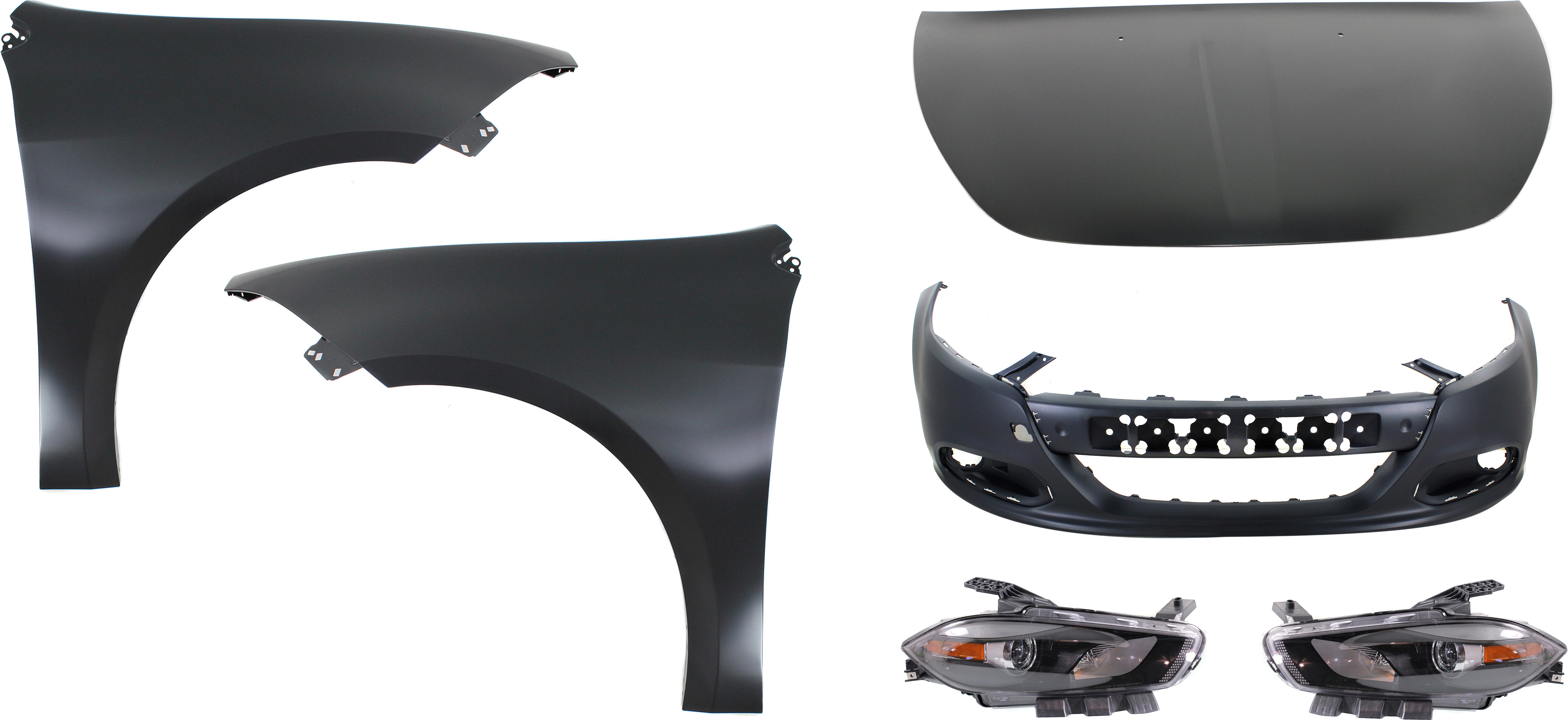 AM DART 13-16 HEAD LAMP RH AND LH Assembly Halogen 6 pc Kit with Bumper Cover Fenders and Hood SKU KIT 41415-32 Partslink CH2502240 CH2503240 CH1000A09 CH1240280 CH1241280 CH1230301 OEM 68085140AL 68085141AL 1TS71TZZ