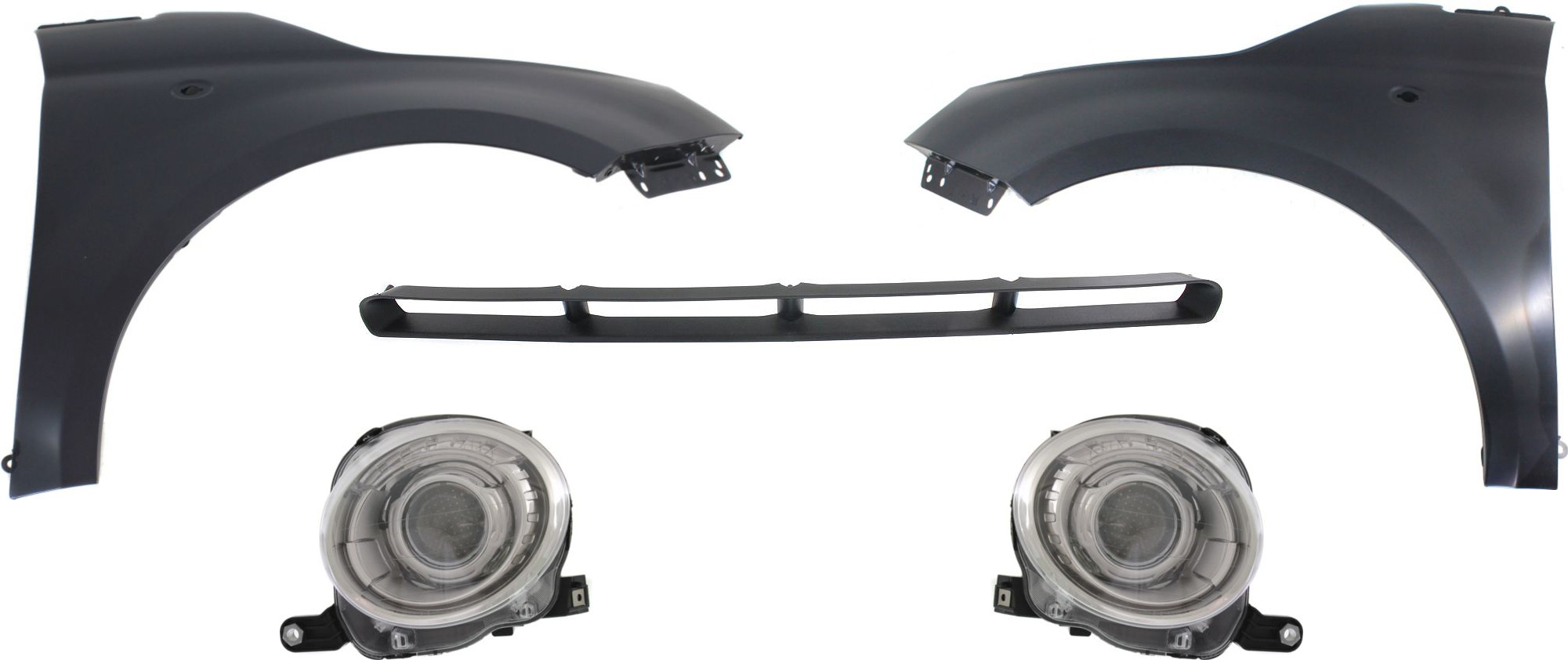 AM FIAT 500-12-19 PROJECTOR HEAD LAMP RH AND LH Assembly Halogen 5 pc Kit with Fenders and Grille Assembly SKU KIT 42115-40 Partslink FI2503100 FI2502100 FI1240100 FI1241100 FI1200100 OEM 5182428AE 5182429AE 68070509AC