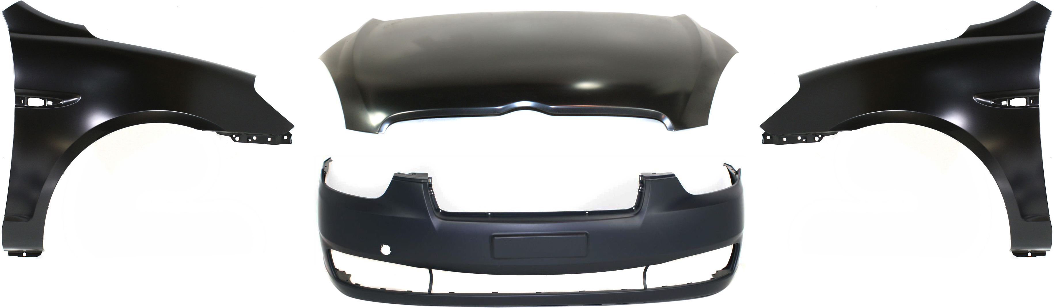 AM ACCENT 06-11 HOOD 4 pc Kit with Bumper Cover and Fenders SKU KIT 4915-31 Partslink HY1230135 HY1000163 HY1240137 HY1241137 OEM 664001E010-865111E010-663111E3