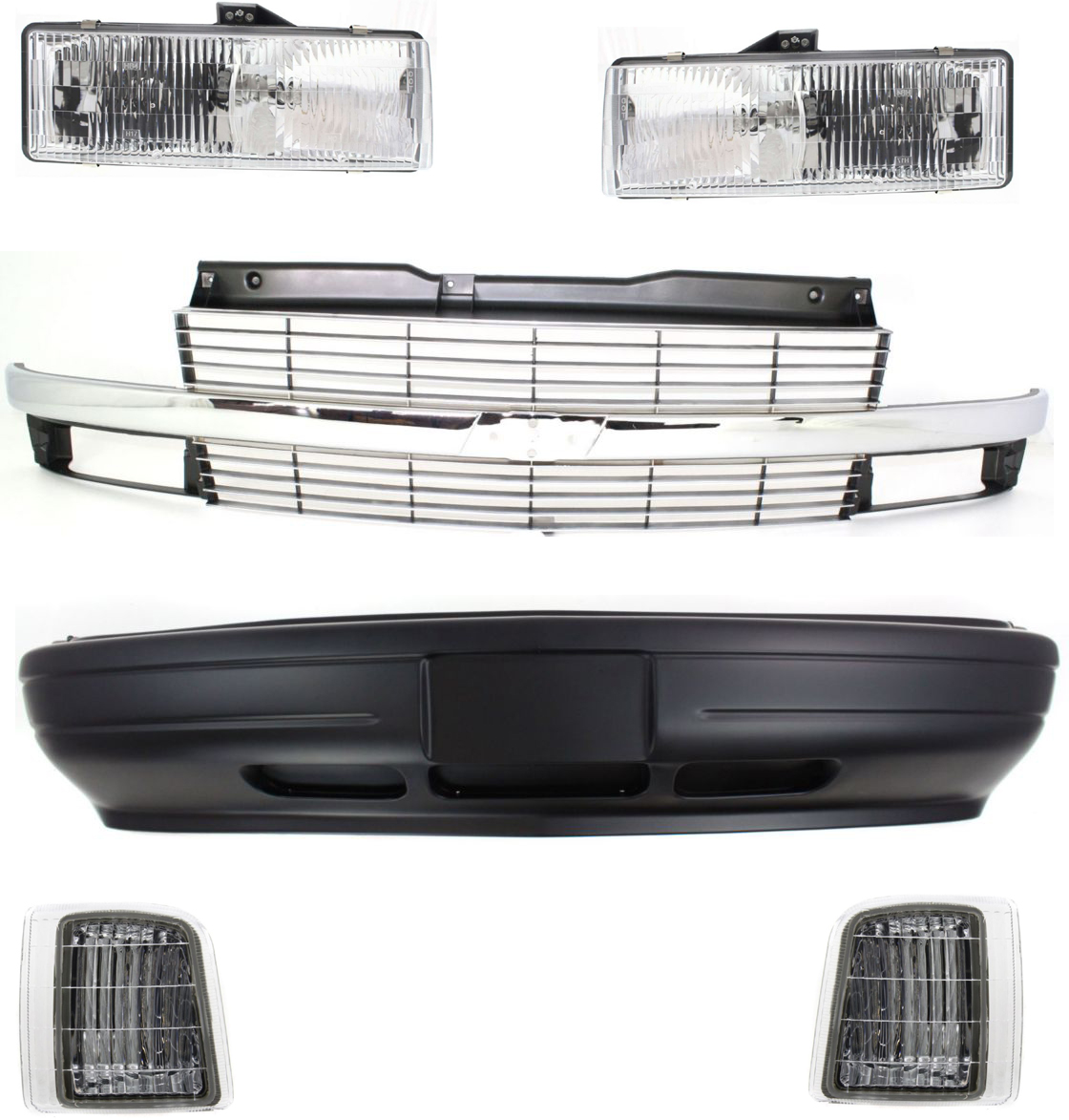 AM ASTRO 96-05 GRILLE 6 pc Kit w Composite Headlights with Bumper Cover Corner Lights and Headlights SKU KIT 50115-22 Partslink GM1200371 GM1000510 GM2550139 GM2551139 GM2502136 GM2503136 OEM 19130758-12382996-16524075-165